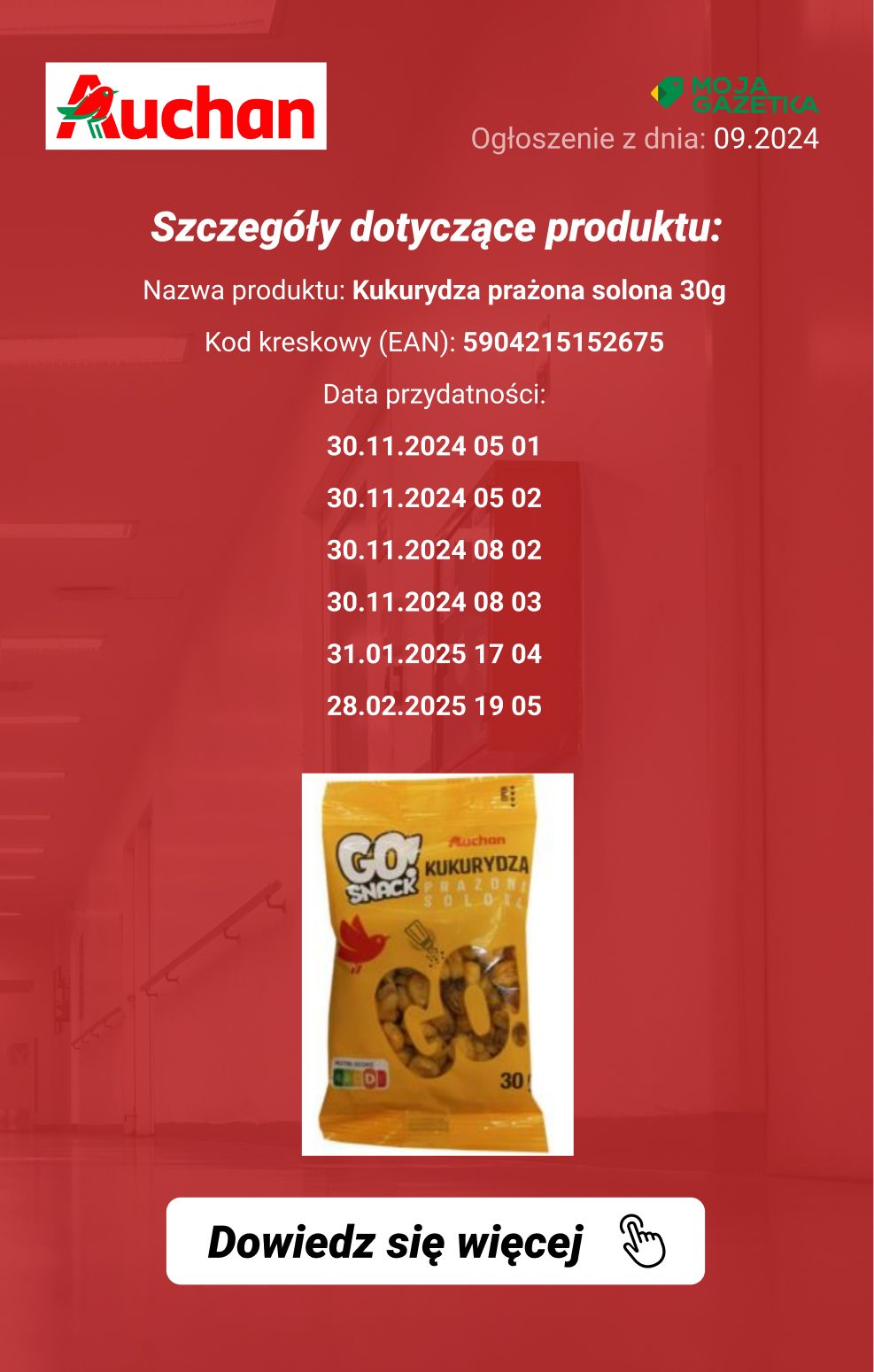 gazetka promocyjna Ostrzeżenia i alerty Auchan - Wycofanie produktu Kukurydza prażona solona 30g, Kukurydza prażona chili 30g - Strona 3