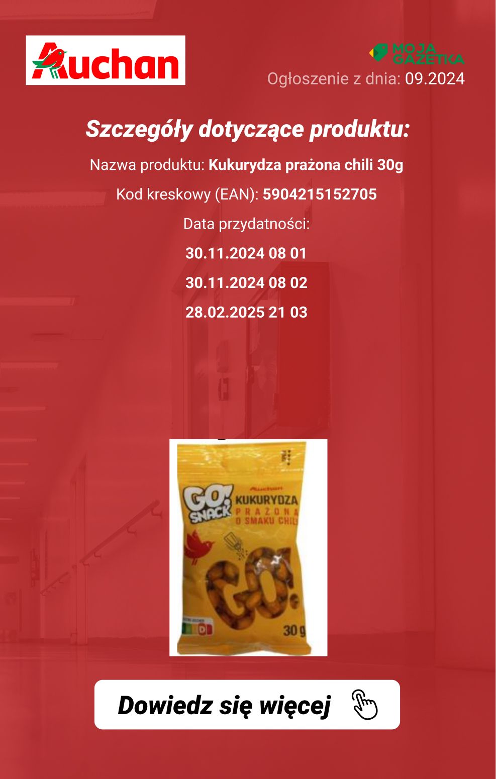 gazetka promocyjna Ostrzeżenia i alerty Auchan - Wycofanie produktu Kukurydza prażona solona 30g, Kukurydza prażona chili 30g - Strona 4