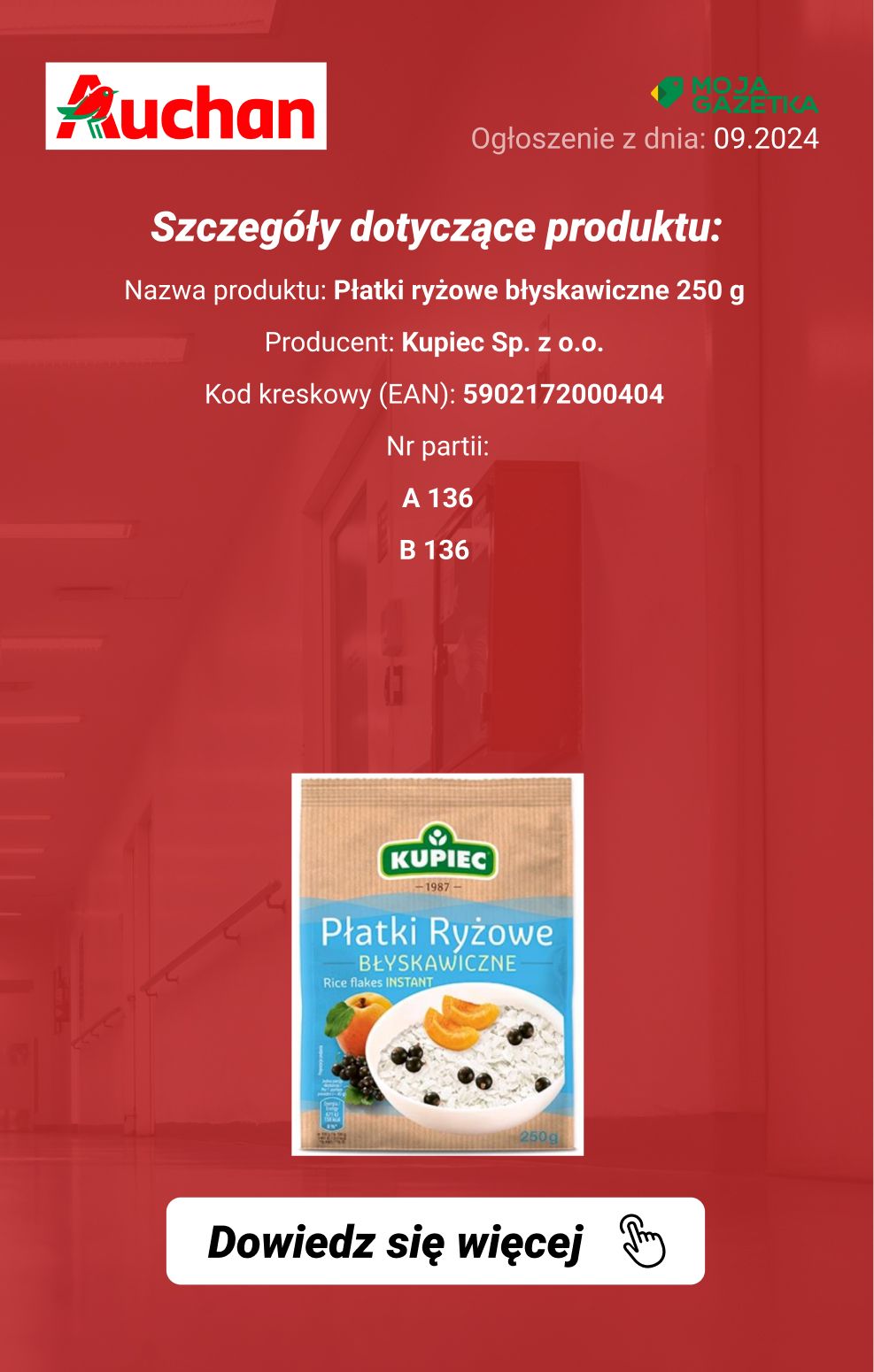 gazetka promocyjna Ostrzeżenia i alerty Auchan - Wycofanie produktu Płatki ryżowe błyskawiczne 250 g - Strona 3