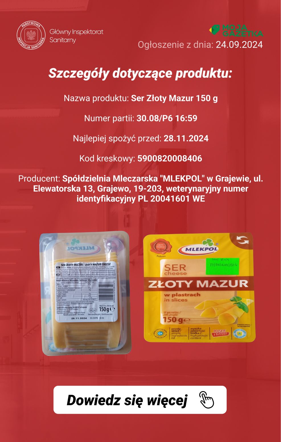 gazetka promocyjna Ostrzeżenia i alerty Wykrycie obecności bakterii Salmonella Newport w serze żółtym w plastrach - Strona 3