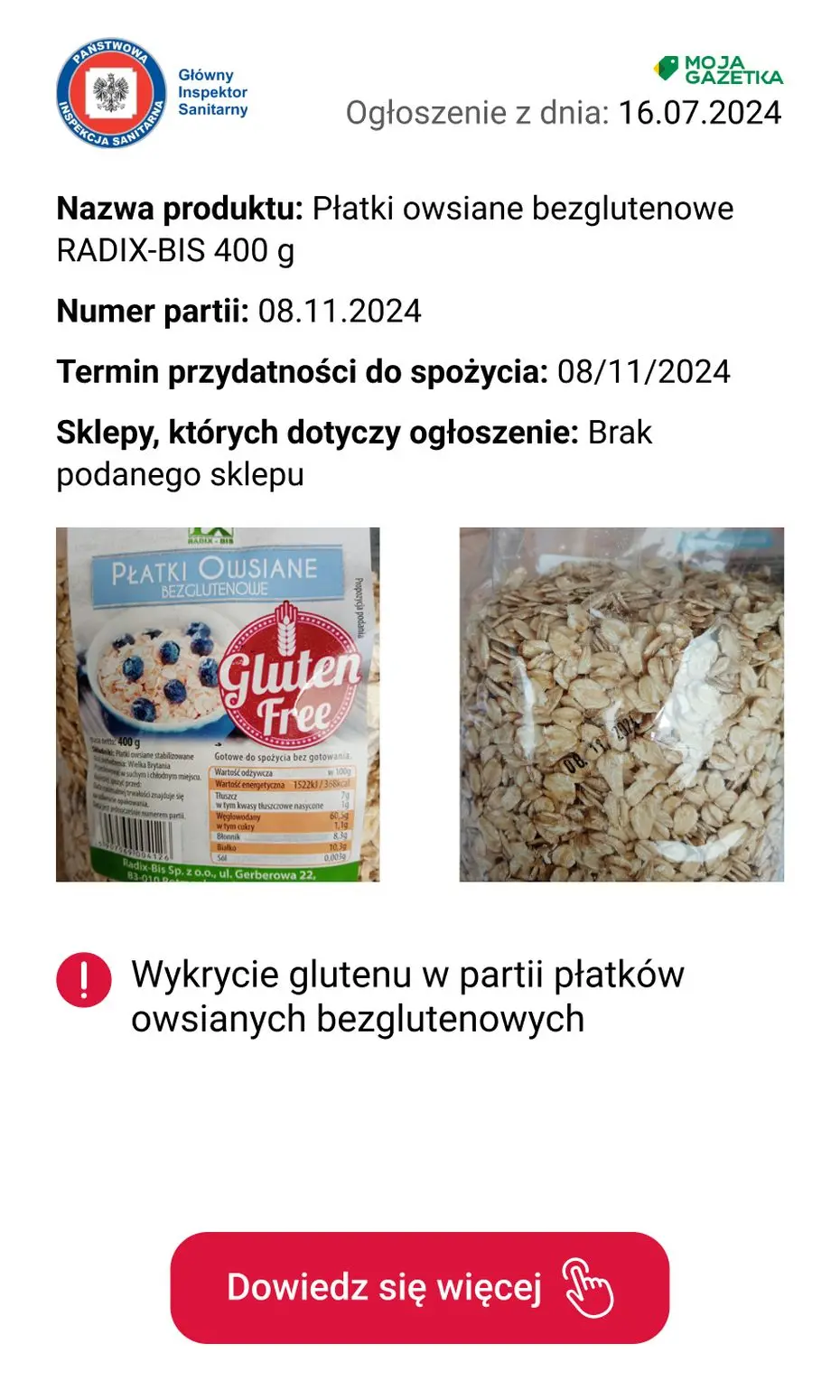 gazetka promocyjna Ostrzeżenia i alerty Wykrycie glutenu w partii płatków owsianych bezglutenowych - Strona 2