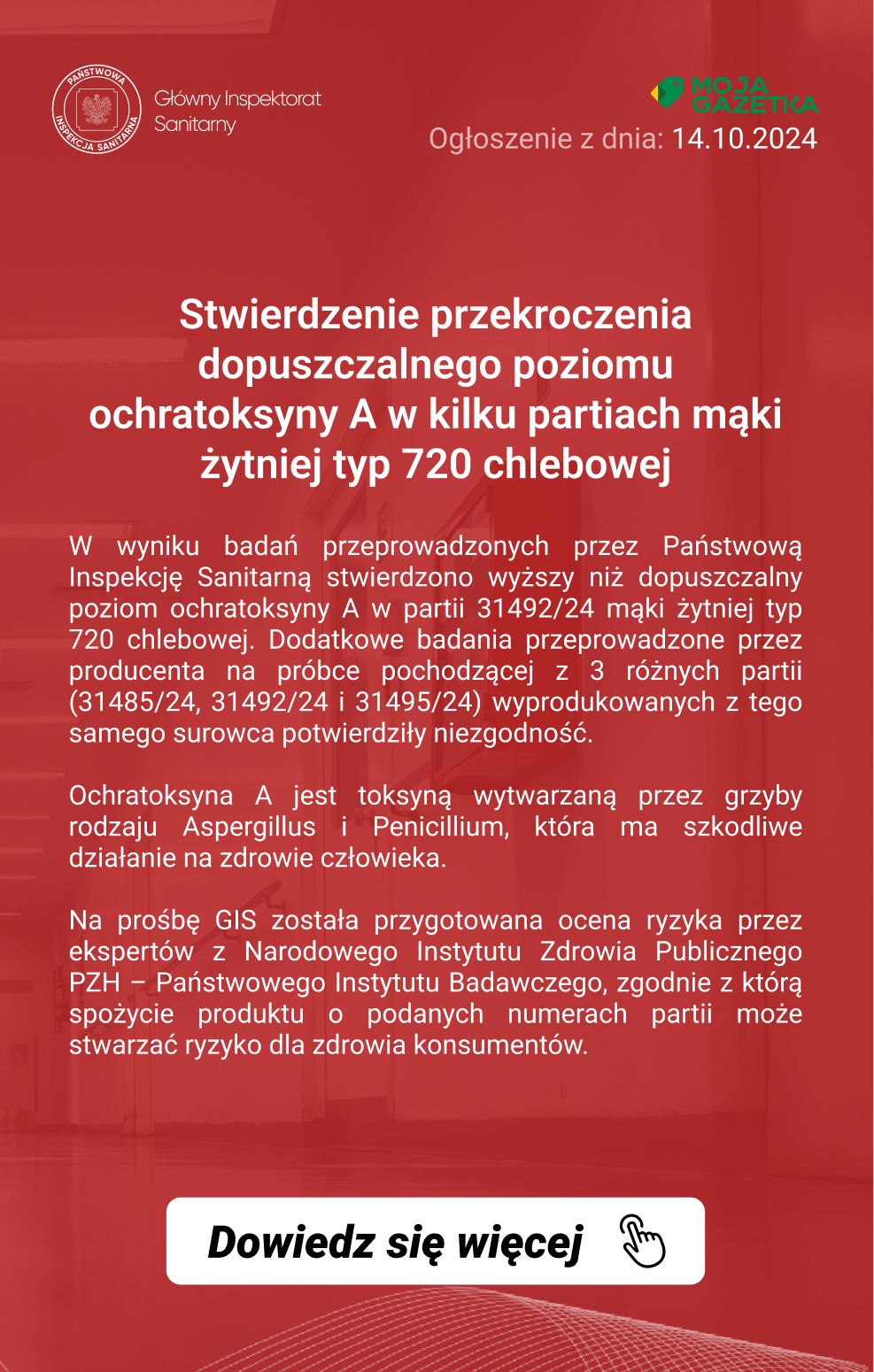 gazetka promocyjna Ostrzeżenia i alerty Ostrzeżenie publiczne dotyczące żywności: Stwierdzenie przekroczenia dopuszczalnego poziomu ochratoksyny A w kilku partiach mąki żytniej typ 720 chlebowej - Strona 2