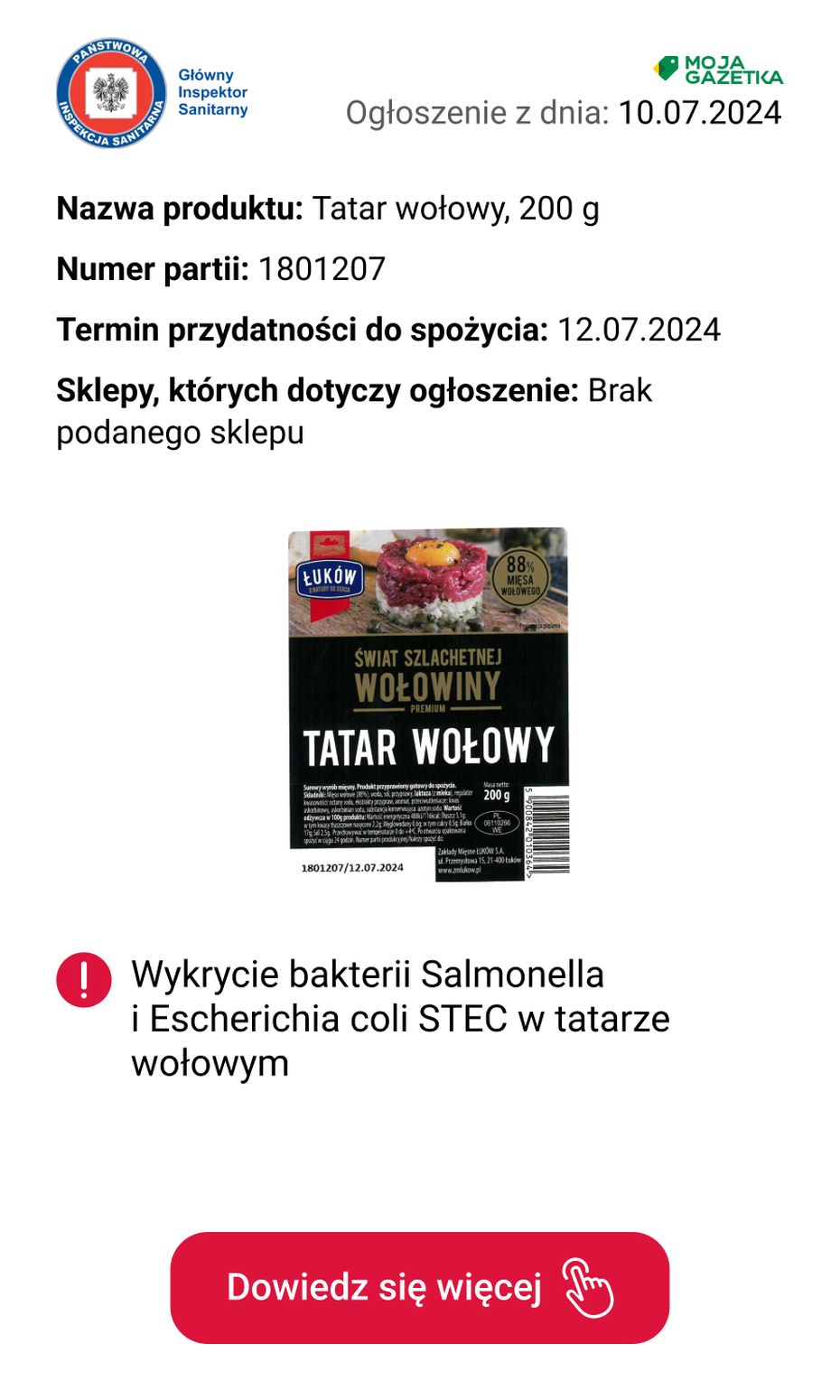 gazetka promocyjna Ostrzeżenia i alerty Wykrycie bakterii Salmonella i Escherichia coli STEC w tatarze wołowym - Strona 2