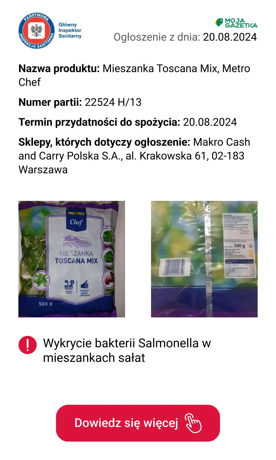 gazetka promocyjna Ostrzeżenia i alerty Ostrzeżenie publiczne dotyczące żywności: Wykrycie bakterii Salmonella w mieszankach sałat - Strona 2