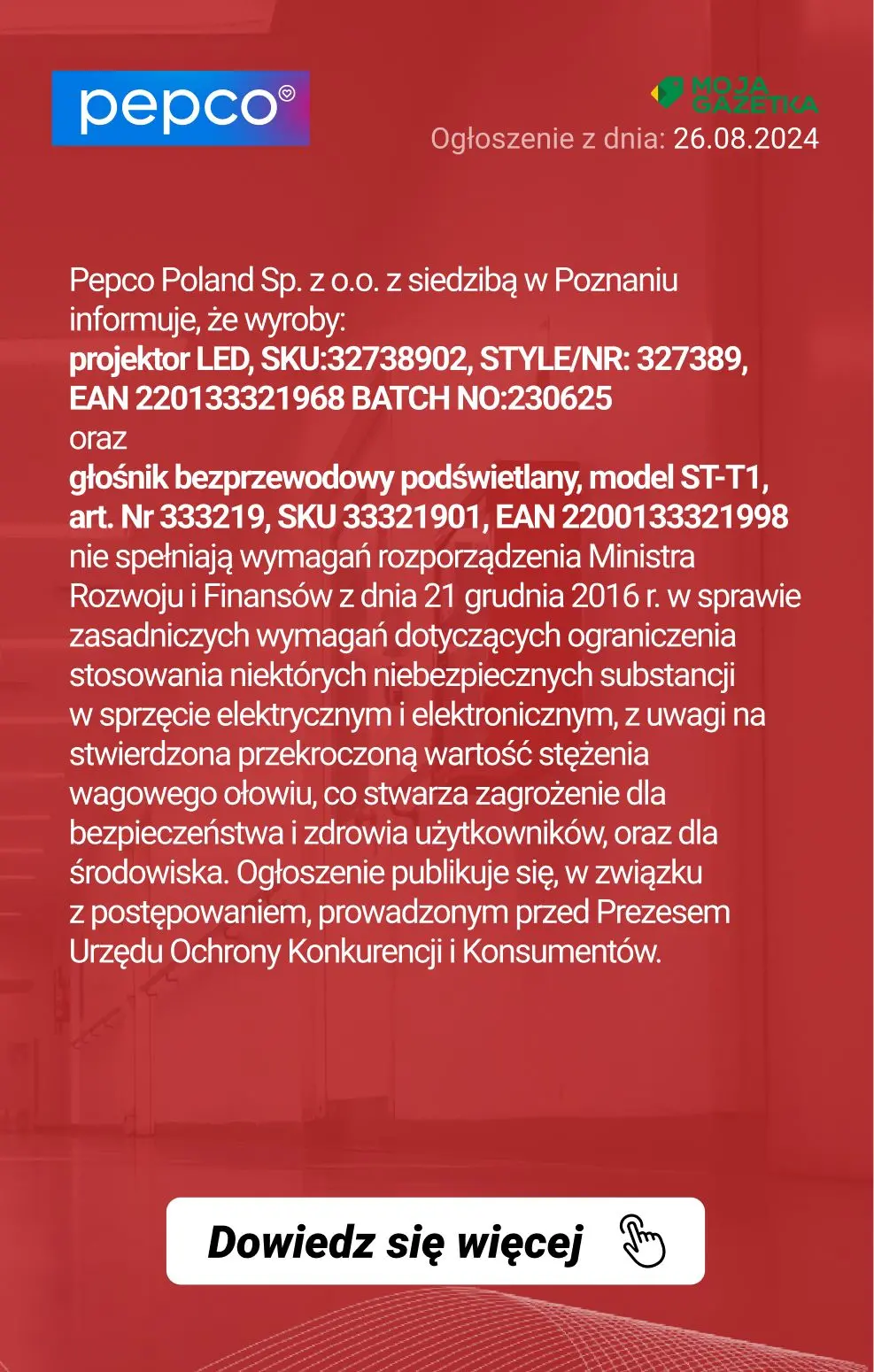 gazetka promocyjna Ostrzeżenia i alerty Komunikat dot. wycofanych produktów – projektor LED, głośnik bezprzewodowy podświetlany - Strona 2