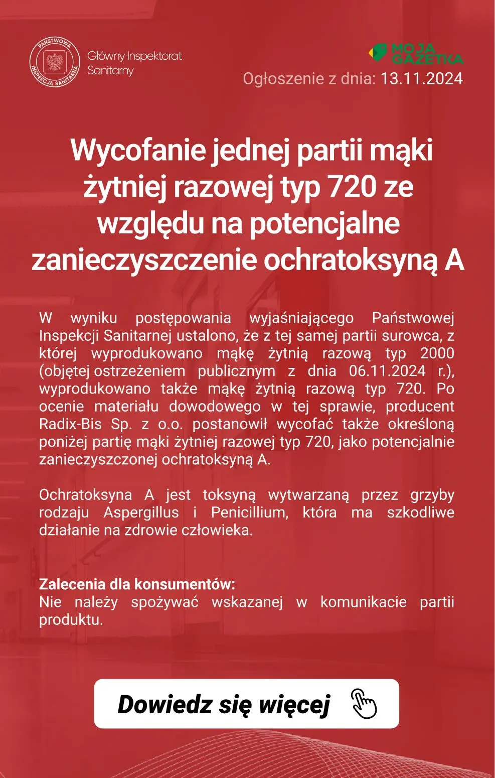 gazetka promocyjna Ostrzeżenia i alerty Ostrzeżenie publiczne dotyczące żywności: Wycofanie jednej partii mąki żytniej razowej typ 720 ze względu na potencjalne zanieczyszczenie ochratoksyną A - Strona 2