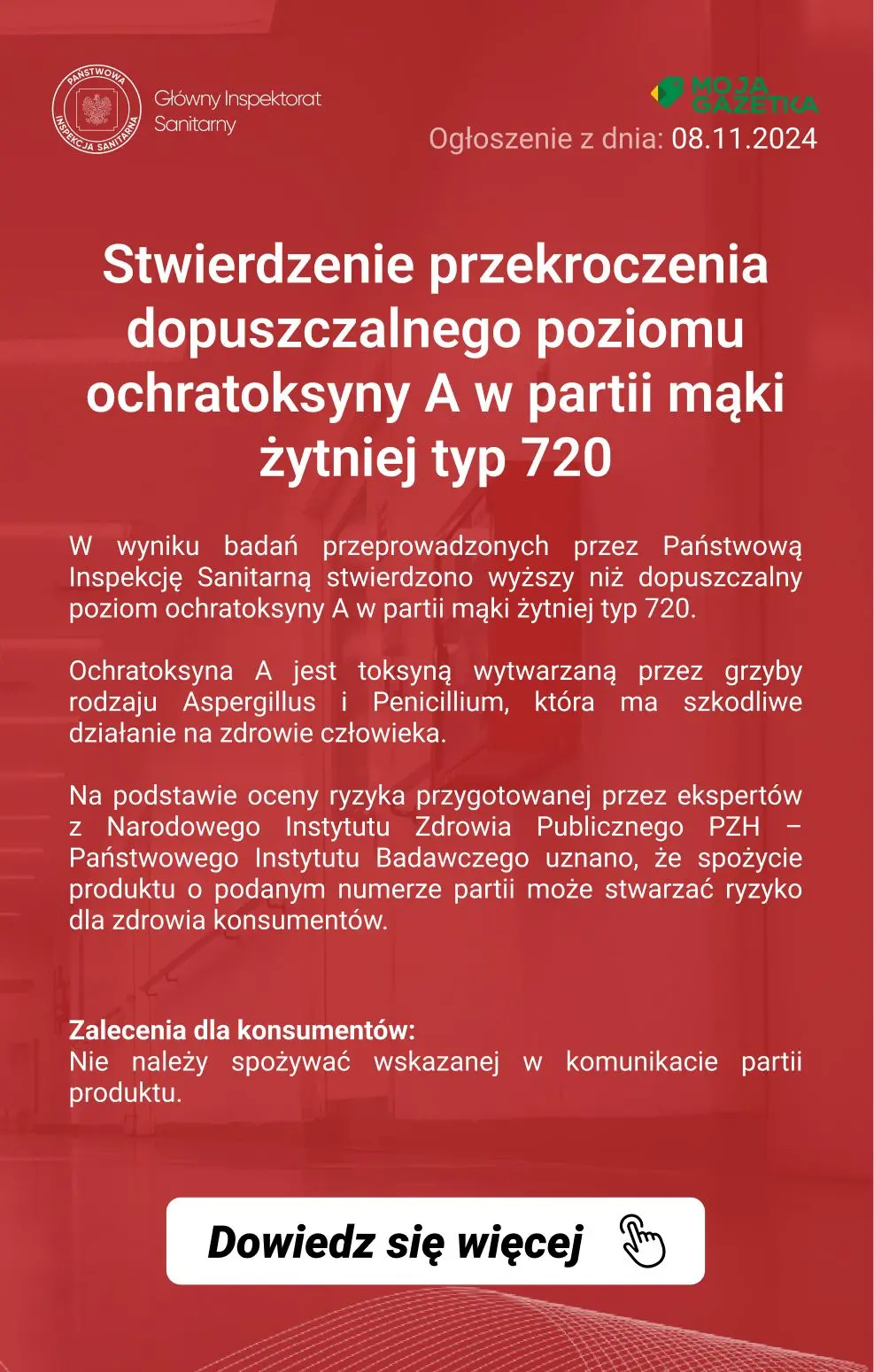 gazetka promocyjna Ostrzeżenia i alerty Ostrzeżenie publiczne dotyczące żywności: Stwierdzenie przekroczenia dopuszczalnego poziomu ochratoksyny A w partii mąki żytniej typ 720 - Strona 2