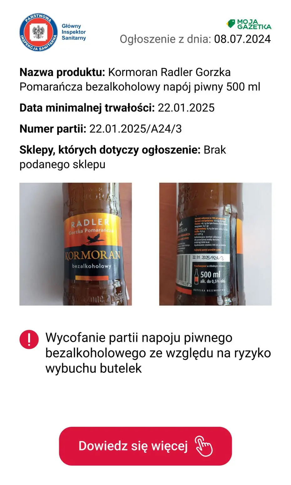 gazetka promocyjna Ostrzeżenia i alerty Wycofanie partii napoju piwnego bezalkoholowego ze względu na ryzyko wybuchu butelek - Strona 2