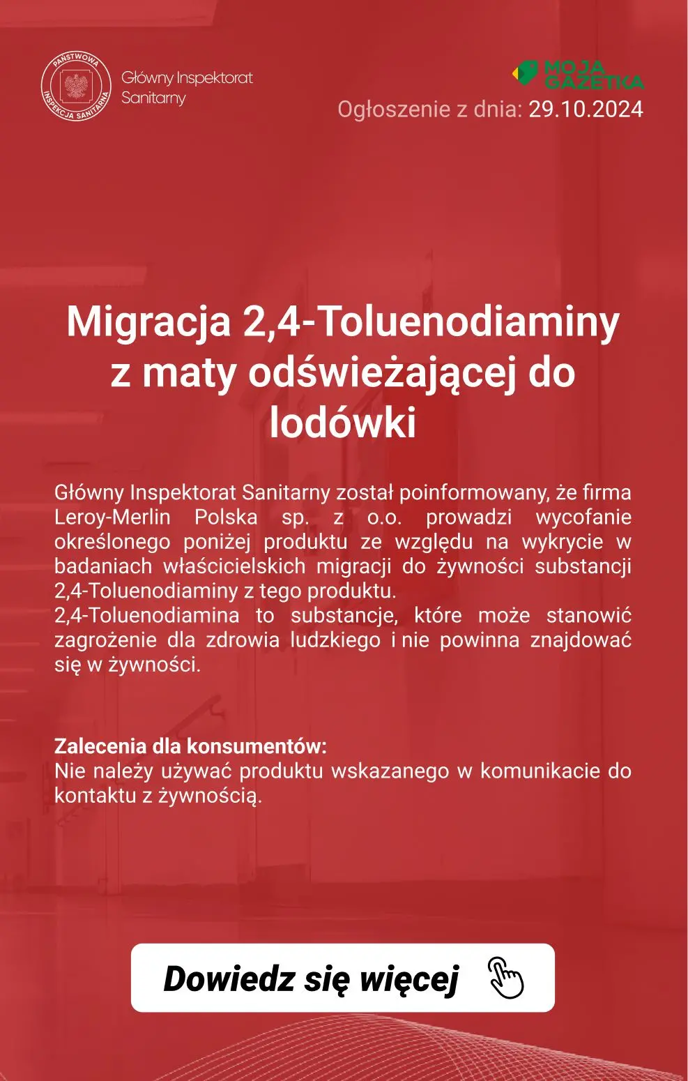 gazetka promocyjna Ostrzeżenia i alerty Ostrzeżenie publiczne dotyczące wyrobu do kontaktu z żywnością: Migracja 2,4-Toluenodiaminy z maty odświeżającej do lodówki - Strona 2