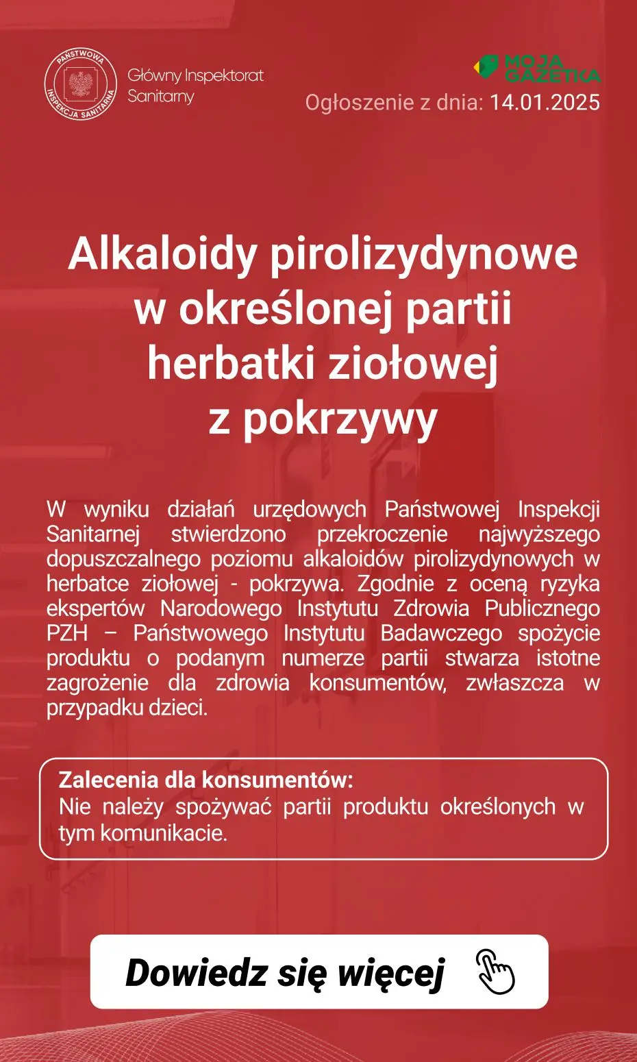 gazetka promocyjna Ostrzeżenia i alerty Ostrzeżenie publiczne dotyczące żywności: Alkaloidy pirolizydynowe w określonej partii herbatki ziołowej z pokrzywy - Strona 2