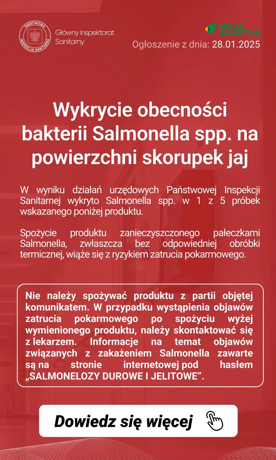 gazetka promocyjna Ostrzeżenia i alerty Ostrzeżenie publiczne dotyczące żywności: Wykrycie obecności bakterii Salmonella spp. na powierzchni skorupek jaj - Strona 2