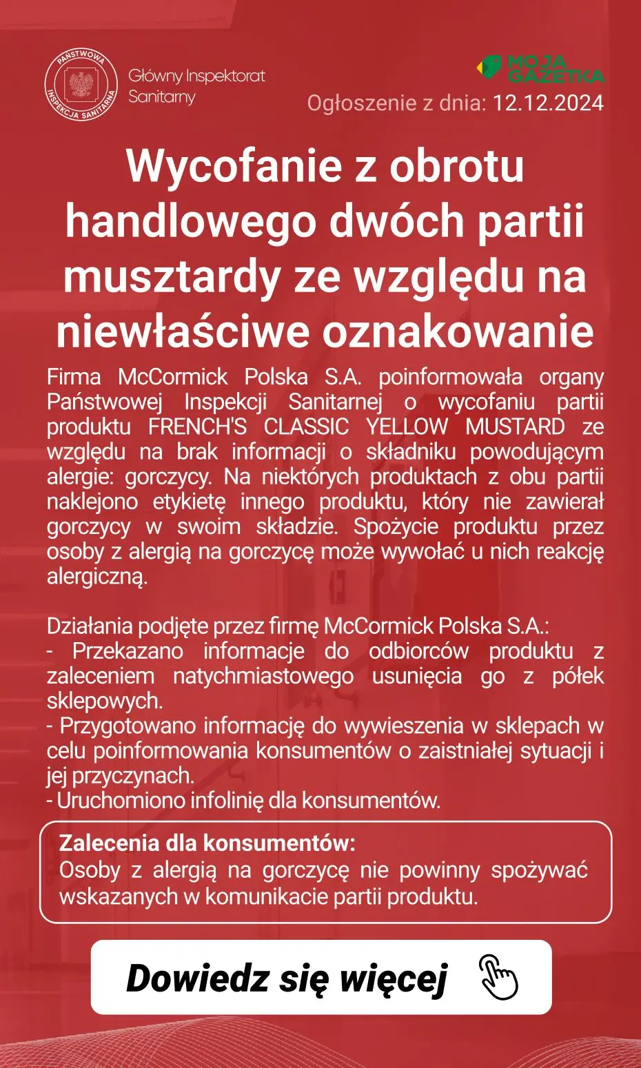 gazetka promocyjna Ostrzeżenia i alerty Ostrzeżenie publiczne dotyczące żywności: Wycofanie z obrotu handlowego dwóch partii musztardy ze względu na niewłaściwe oznakowanie - Strona 2