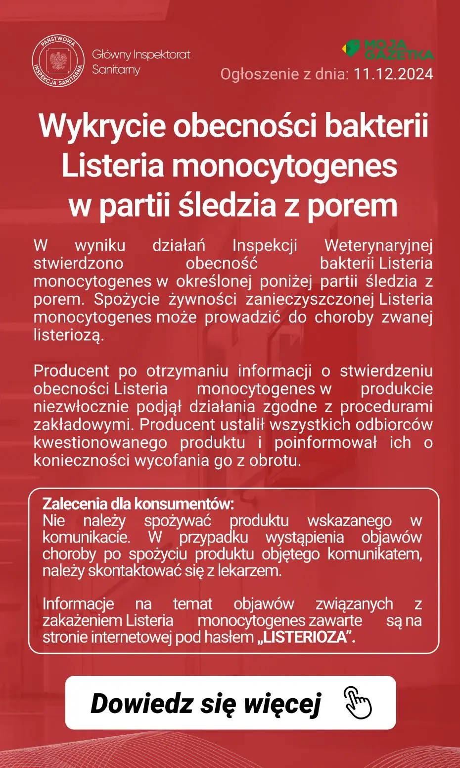 gazetka promocyjna Ostrzeżenia i alerty Ostrzeżenie publiczne dotyczące żywności: Wykrycie obecności bakterii Listeria monocytogenes w partii śledzia z porem - Strona 2