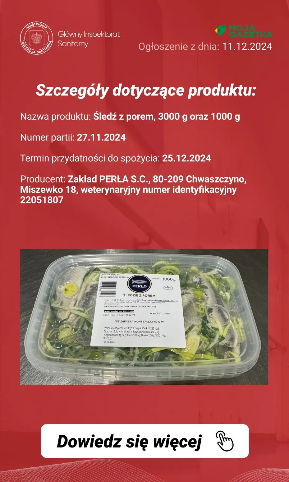 gazetka promocyjna Ostrzeżenia i alerty Ostrzeżenie publiczne dotyczące żywności: Wykrycie obecności bakterii Listeria monocytogenes w partii śledzia z porem - Strona 3