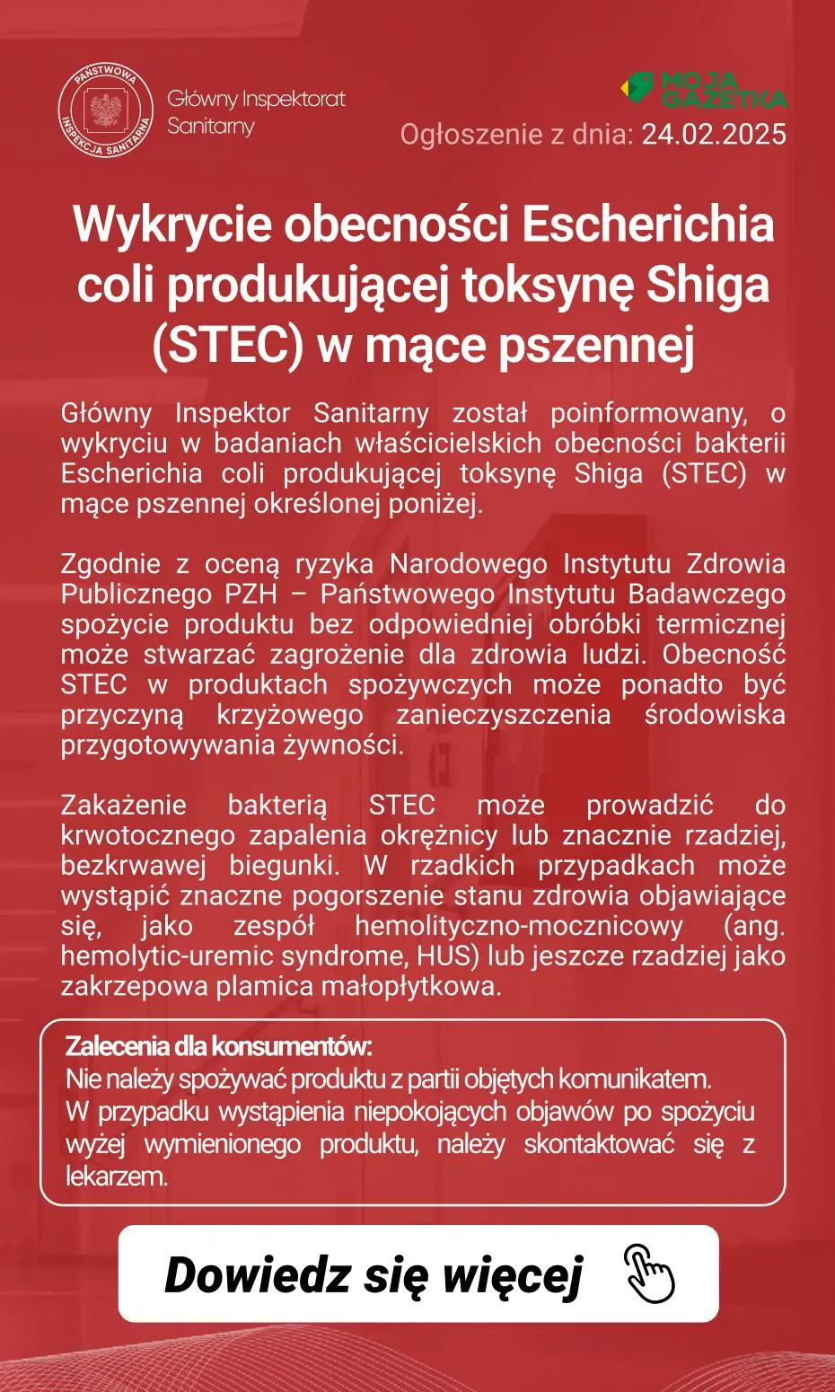 gazetka promocyjna Ostrzeżenia i alerty Ostrzeżenie publiczne dotyczące żywności: Wykrycie obecności Escherichia coli produkującej toksynę Shiga (STEC) w mące pszennej - Strona 2