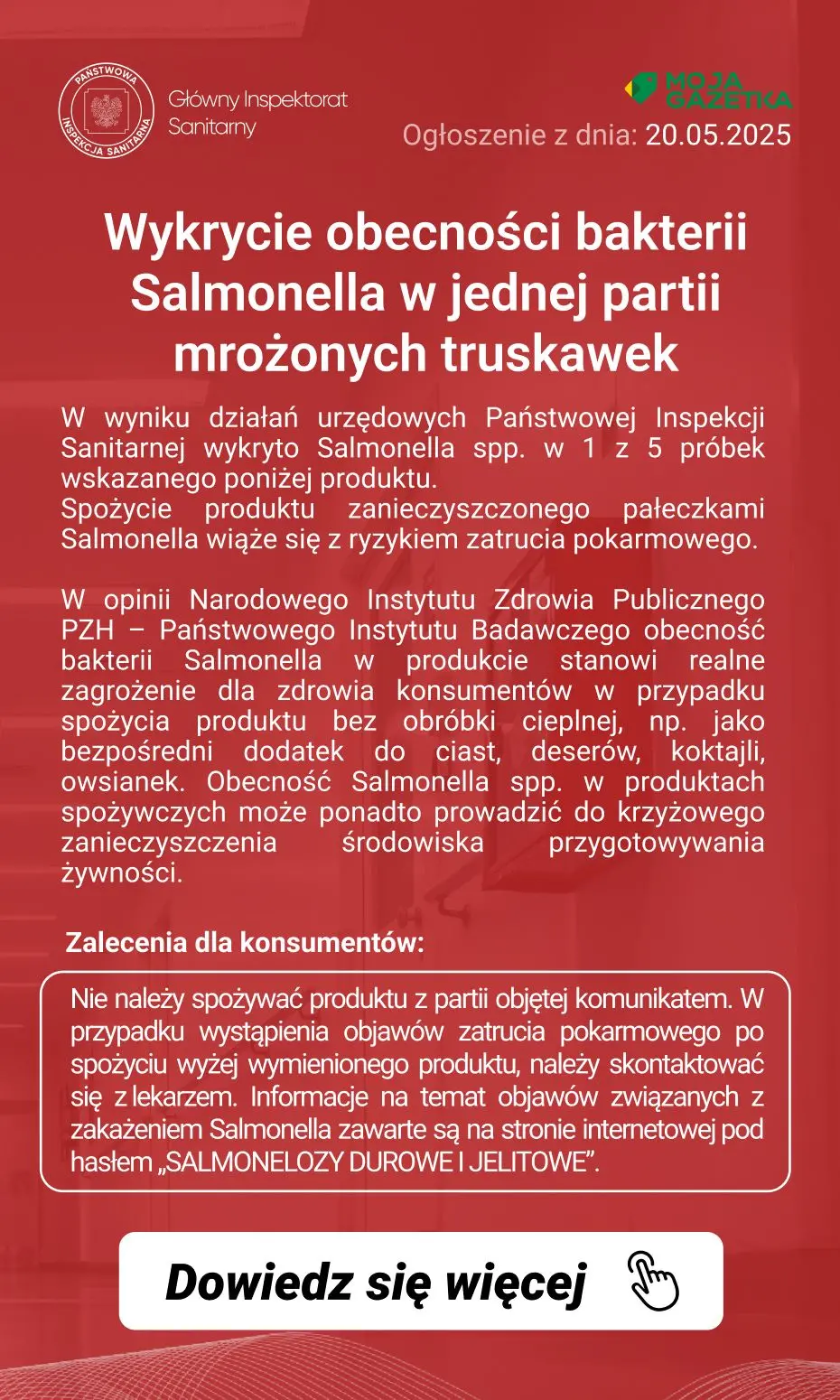 gazetka promocyjna Ostrzeżenia i alerty Ostrzeżenie publiczne dotyczące żywności Wykrycie obecności bakterii Salmonella w jednej partii mrożonych truskawek - Strona 2