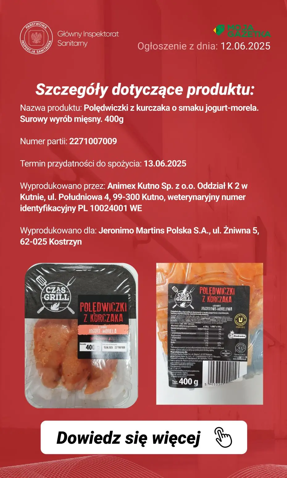 gazetka promocyjna Ostrzeżenia i alerty Ostrzeżenie publiczne dotyczące żywności: wykrycie Salmonella spp. w polędwiczkach z kurczaka o smaku jogurt-morela - Strona 3