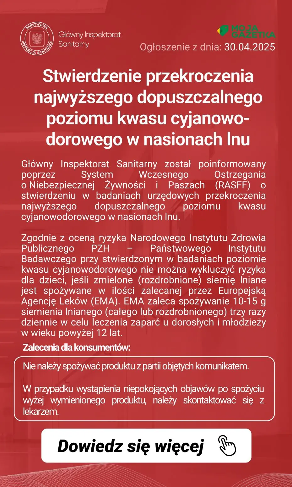 gazetka promocyjna Ostrzeżenia i alerty Ostrzeżenie publiczne dotyczące żywności: Stwierdzenie przekroczenia najwyższego dopuszczalnego poziomu kwasu cyjanowodorowego w nasionach lnu - Strona 2