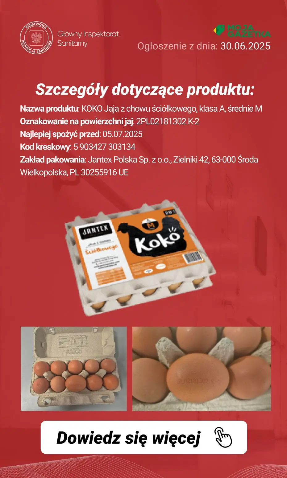 gazetka promocyjna Ostrzeżenia i alerty Ostrzeżenie publiczne dotyczące żywności Wykrycie obecności bakterii Salmonella spp. na powierzchni skorupek jaj - Strona 3