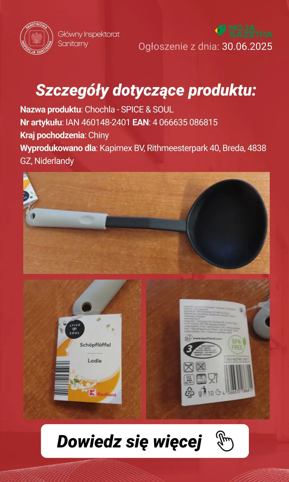 gazetka promocyjna Ostrzeżenia i alerty Ostrzeżenie publiczne dotyczące wyrobu do kontaktu z żywnością: Migracja pierwszorzędowych amin aromatycznych z chochli
 - Strona 3