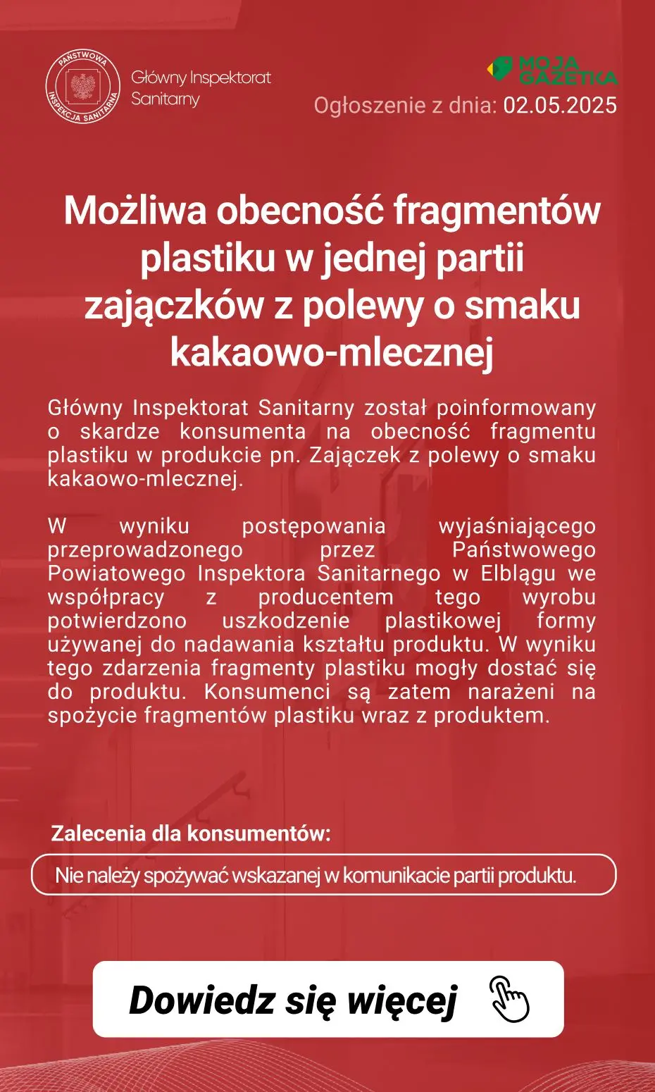 gazetka promocyjna Ostrzeżenia i alerty Ostrzeżenie publiczne dotyczące żywności: Możliwa obecność fragmentów plastiku w jednej partii zajączków z polewy o smaku kakaowo-mlecznej - Strona 2