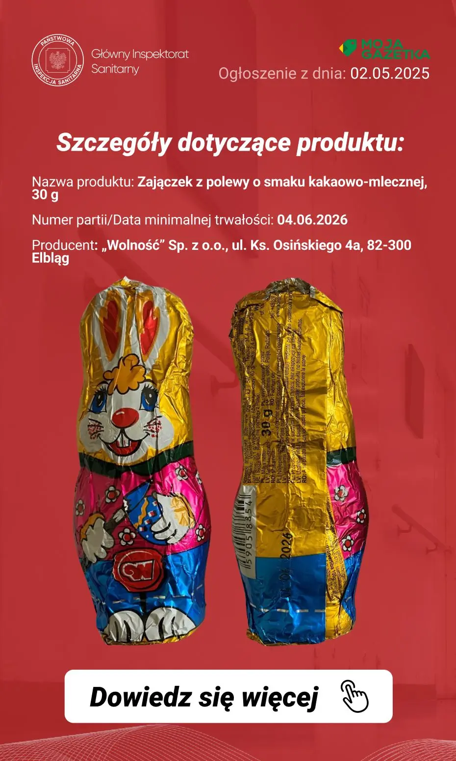 gazetka promocyjna Ostrzeżenia i alerty Ostrzeżenie publiczne dotyczące żywności: Możliwa obecność fragmentów plastiku w jednej partii zajączków z polewy o smaku kakaowo-mlecznej - Strona 3