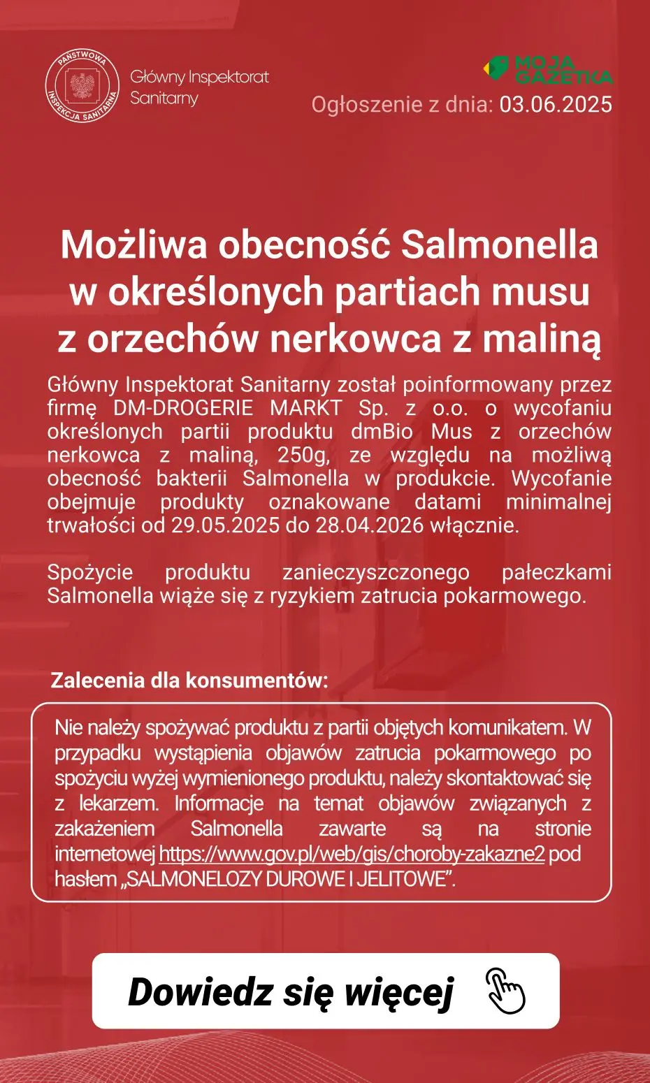 gazetka promocyjna Ostrzeżenia i alerty Ostrzeżenie publiczne dotyczące żywności: Możliwa obecność Salmonella w określonych partiach musu z orzechów nerkowca z maliną - Strona 2