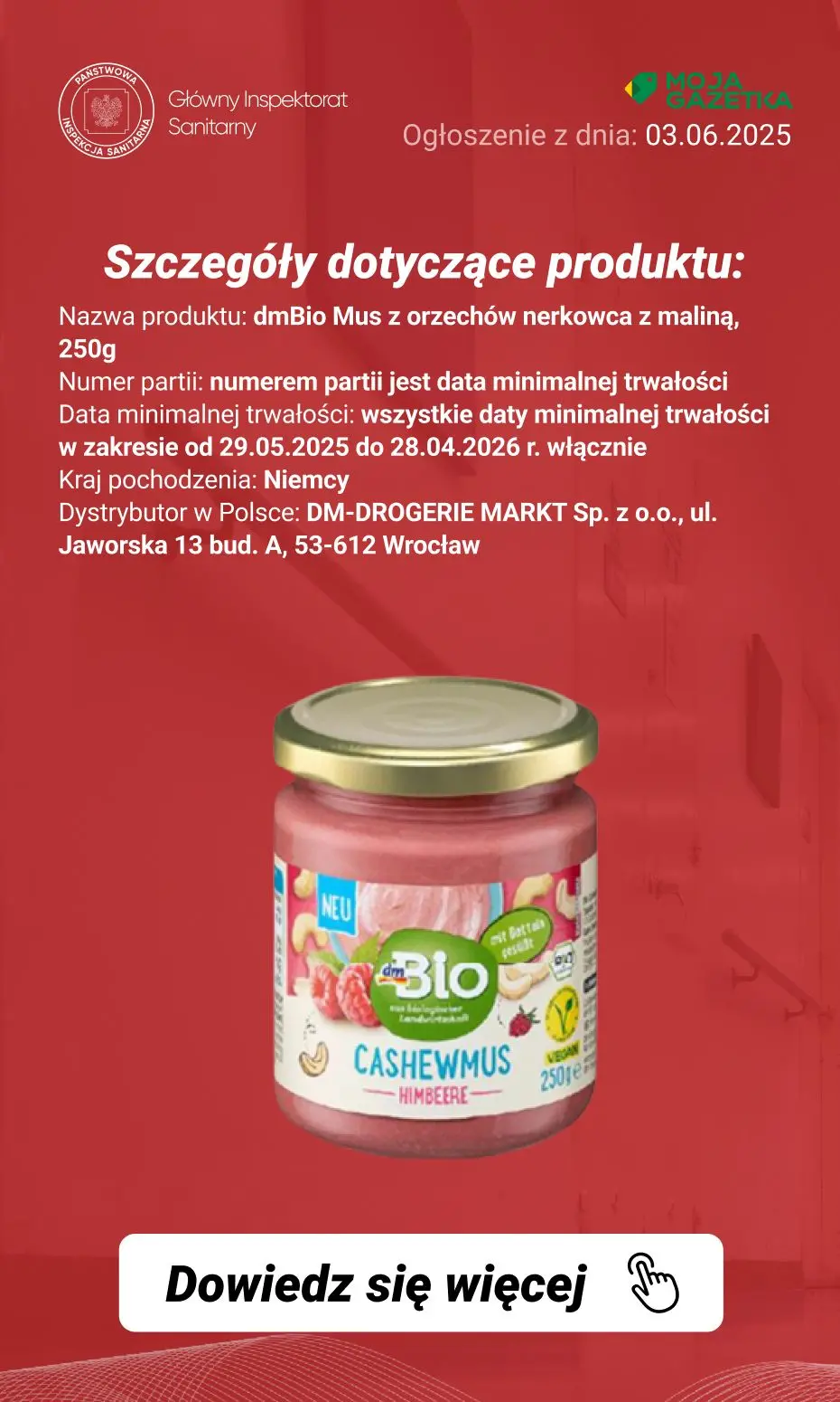 gazetka promocyjna Ostrzeżenia i alerty Ostrzeżenie publiczne dotyczące żywności: Możliwa obecność Salmonella w określonych partiach musu z orzechów nerkowca z maliną - Strona 3