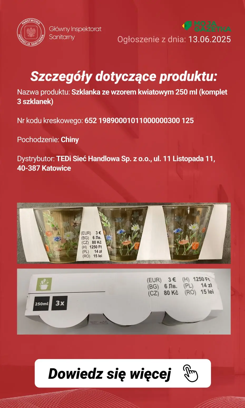 gazetka promocyjna Ostrzeżenia i alerty Ostrzeżenie publiczne dotyczące wyrobu do kontaktu z żywnością: Migracja ołowiu i kadmu z obrzeża szklanek - Strona 3