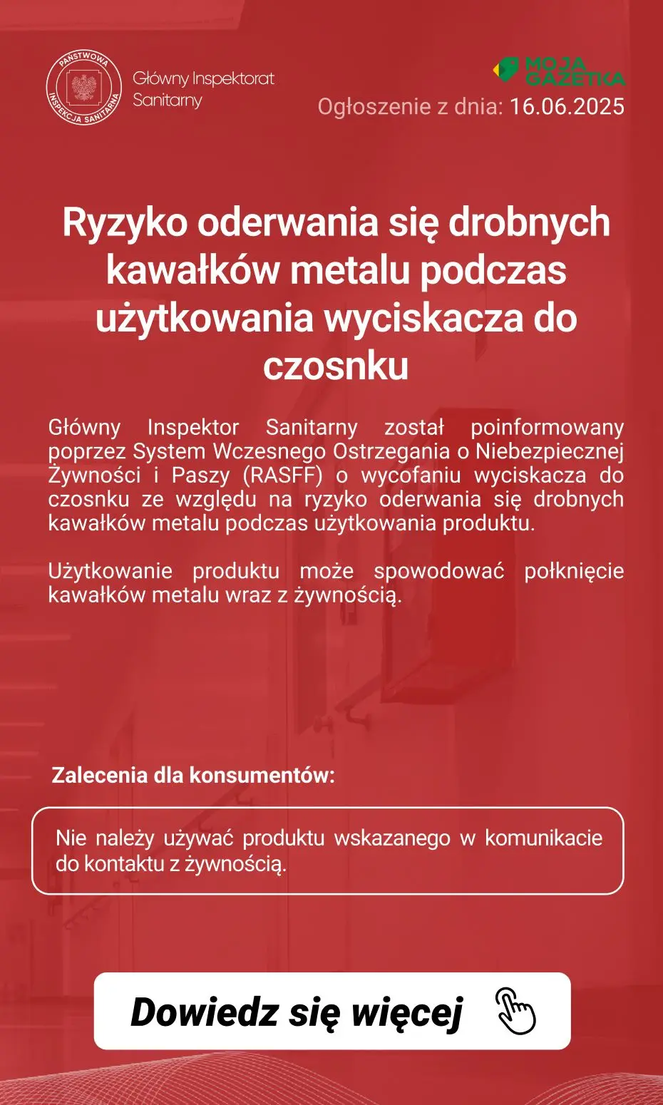 gazetka promocyjna Ostrzeżenia i alerty Ostrzeżenie publiczne dotyczące wyrobu do kontaktu z żywnością: Ryzyko oderwania się drobnych kawałków metalu podczas użytkowania wyciskacza do czosnku - Strona 2