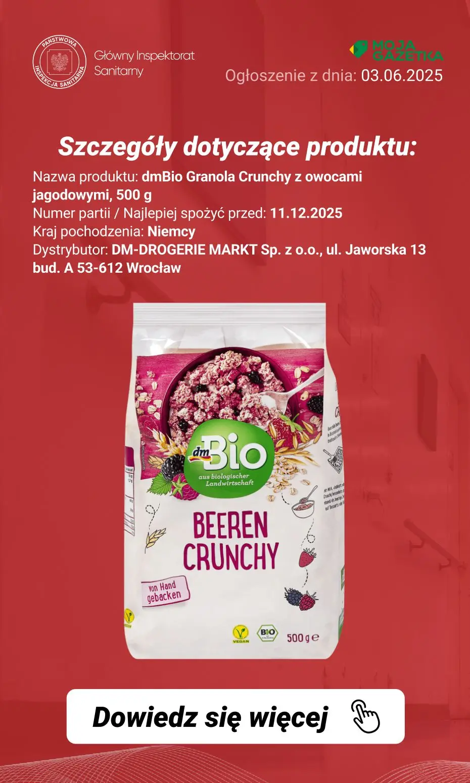 gazetka promocyjna Ostrzeżenia i alerty Ostrzeżenie publiczne dotyczące żywności: Możliwa obecność Salmonella w określonych partiach musu z orzechów nerkowca z maliną - Strona 3