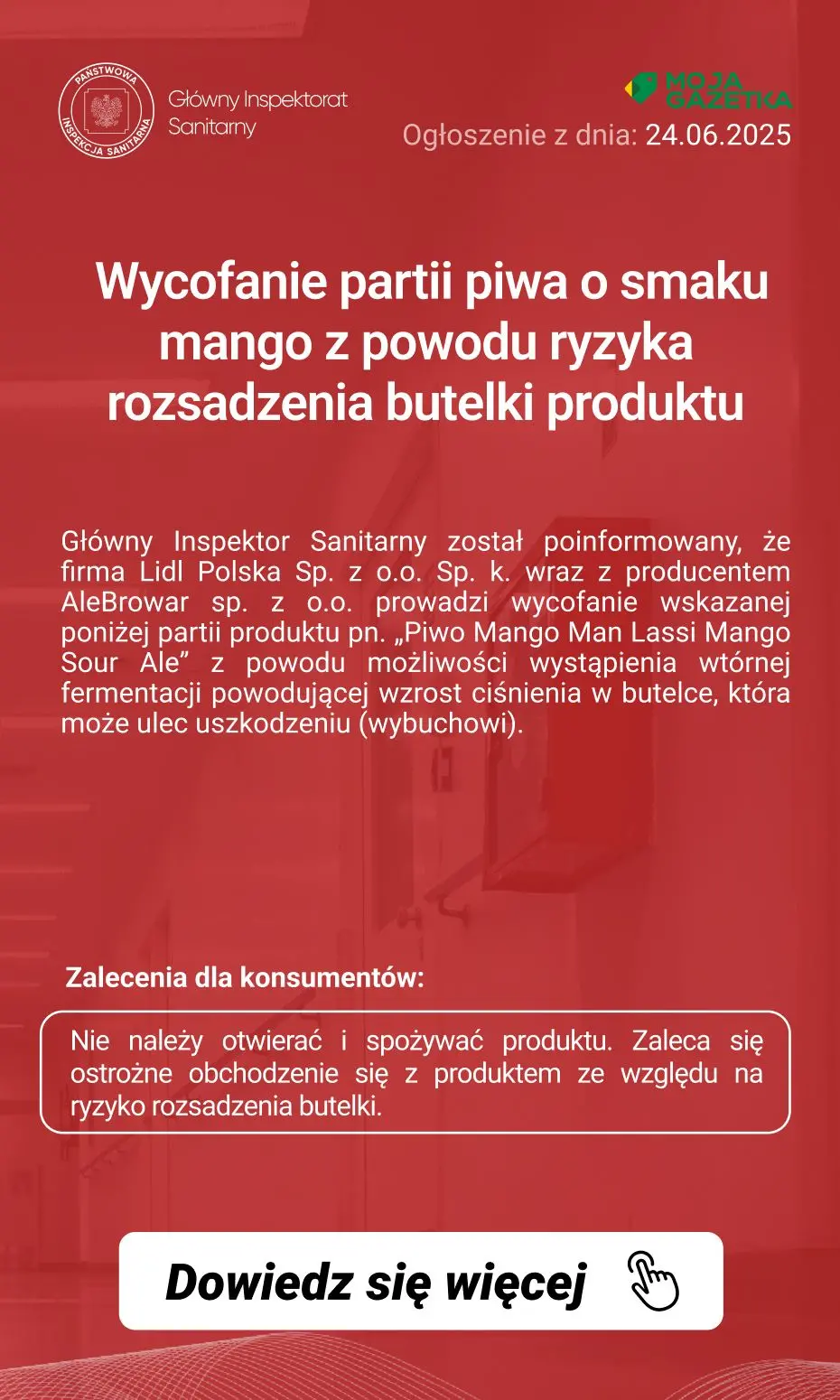 gazetka promocyjna Ostrzeżenia i alerty Ostrzeżenie publiczne dotyczące żywności: Wycofanie partii piwa o smaku mango z powodu ryzyka rozsadzenia butelki produktu
- Strona 2
