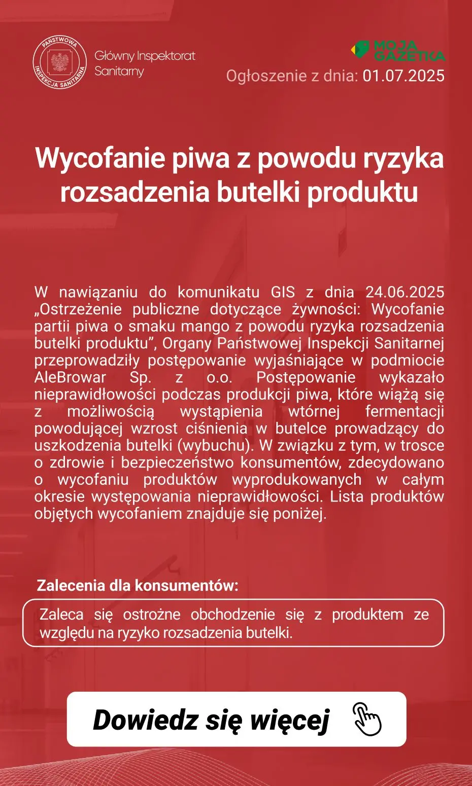 gazetka promocyjna Ostrzeżenia i alerty Ostrzeżenie publiczne dotyczące żywności: Wycofanie piwa z powodu ryzyka rozsadzenia butelki produktu - Strona 2