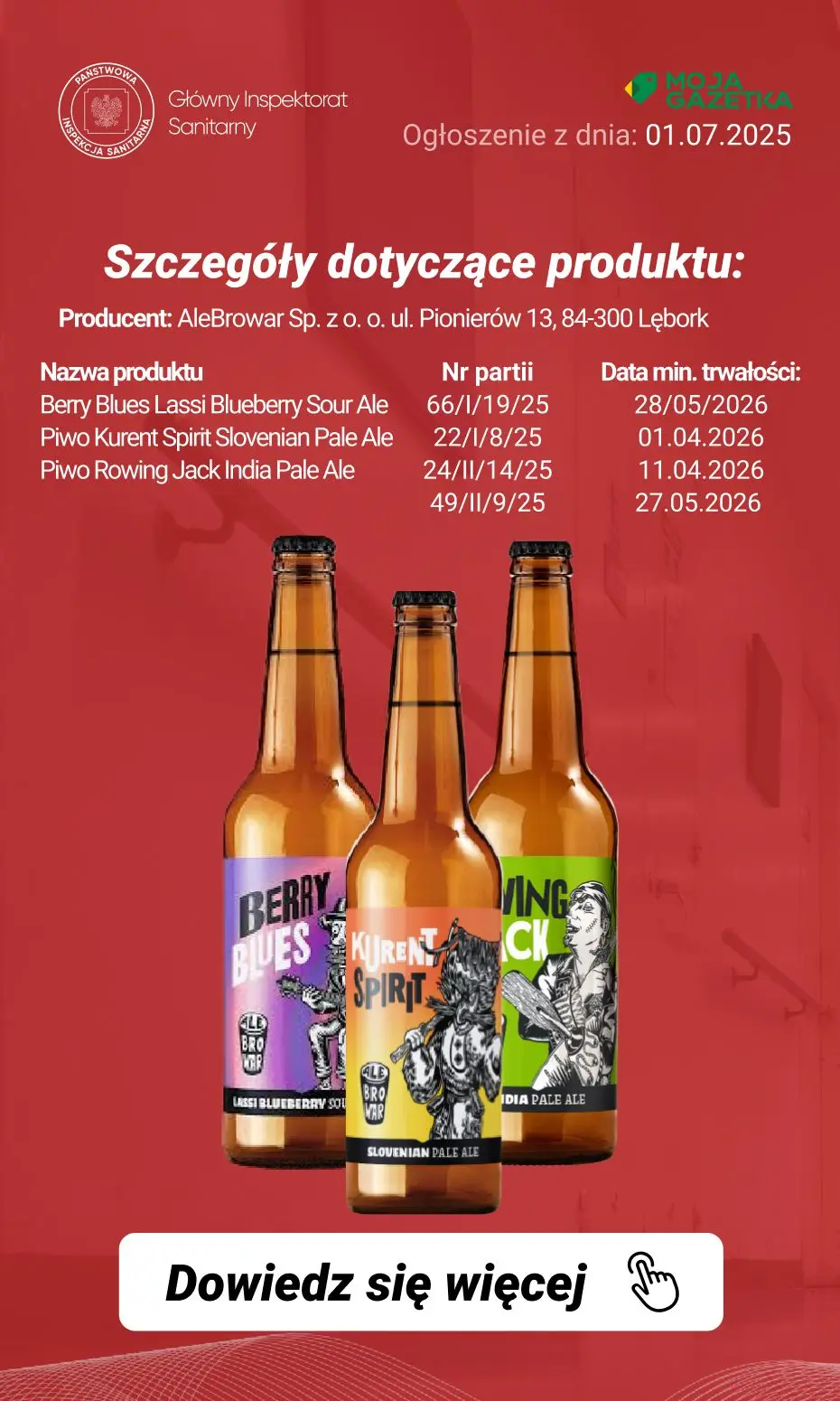 gazetka promocyjna Ostrzeżenia i alerty Ostrzeżenie publiczne dotyczące żywności: Wycofanie piwa z powodu ryzyka rozsadzenia butelki produktu - Strona 3
