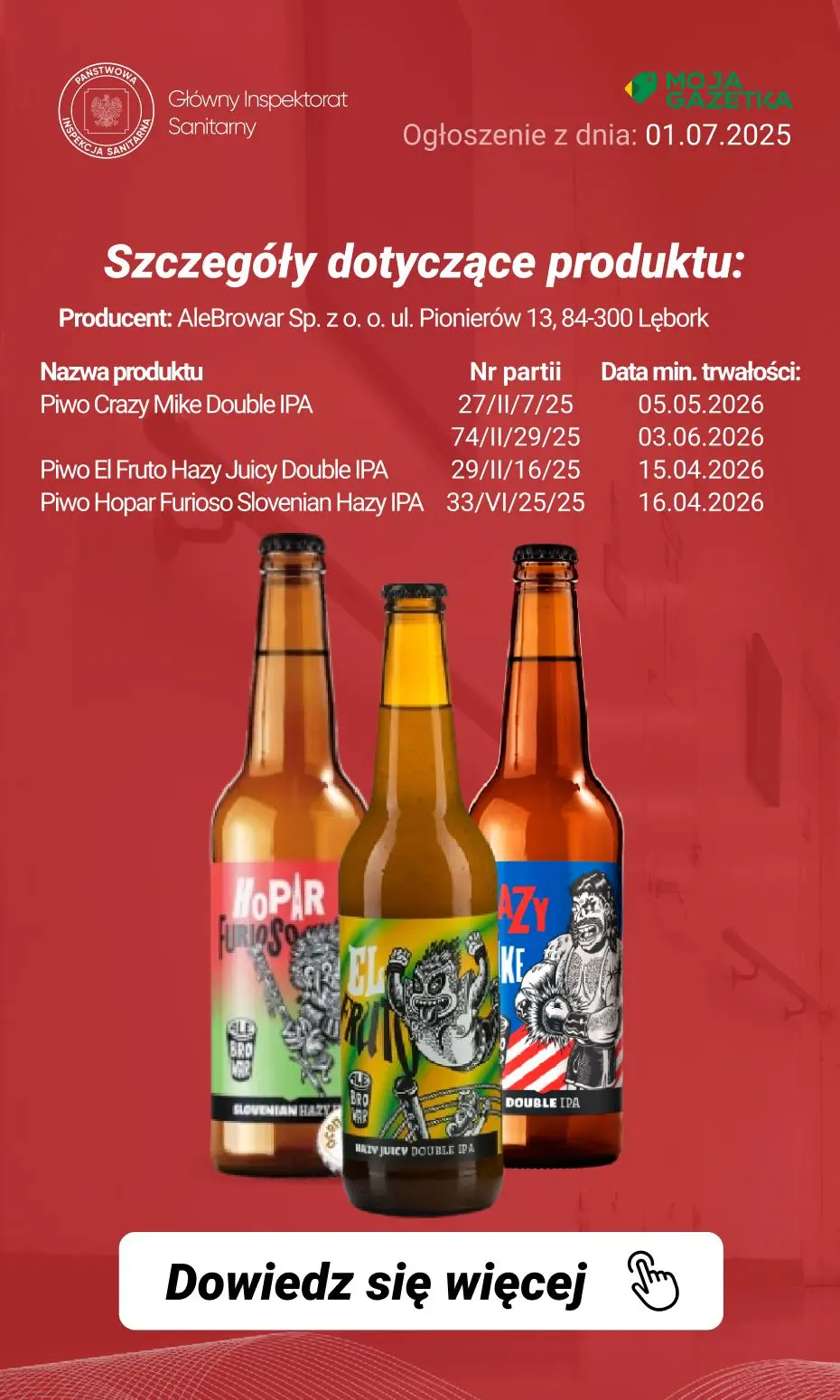 gazetka promocyjna Ostrzeżenia i alerty Ostrzeżenie publiczne dotyczące żywności: Wycofanie piwa z powodu ryzyka rozsadzenia butelki produktu - Strona 4