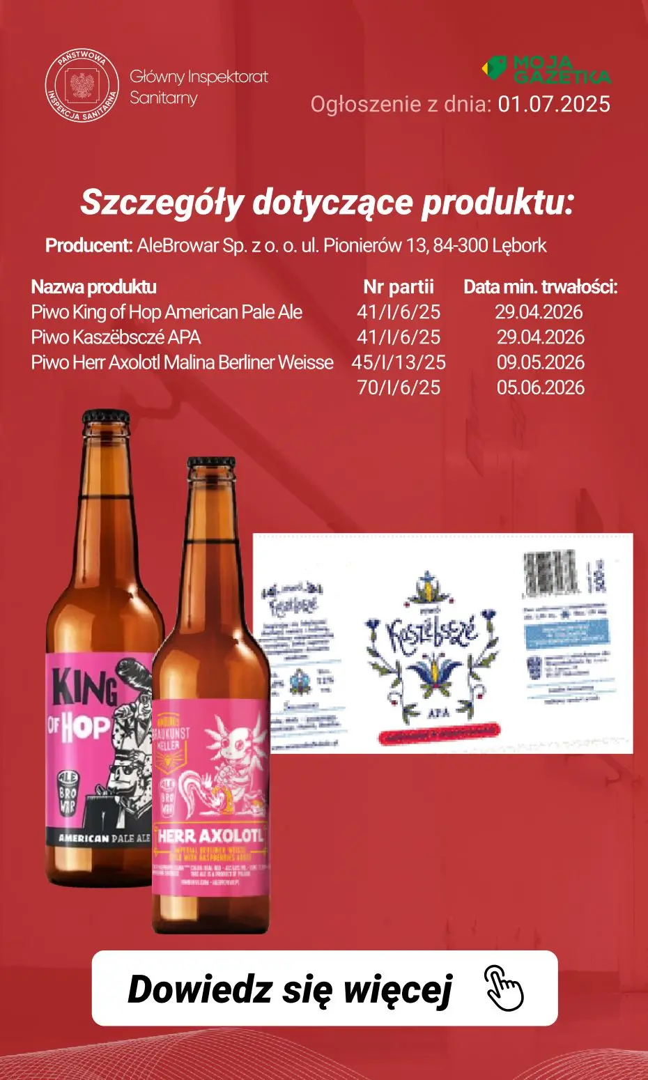 gazetka promocyjna Ostrzeżenia i alerty Ostrzeżenie publiczne dotyczące żywności: Wycofanie piwa z powodu ryzyka rozsadzenia butelki produktu - Strona 5