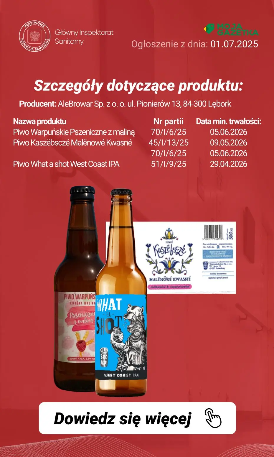 gazetka promocyjna Ostrzeżenia i alerty Ostrzeżenie publiczne dotyczące żywności: Wycofanie piwa z powodu ryzyka rozsadzenia butelki produktu - Strona 6