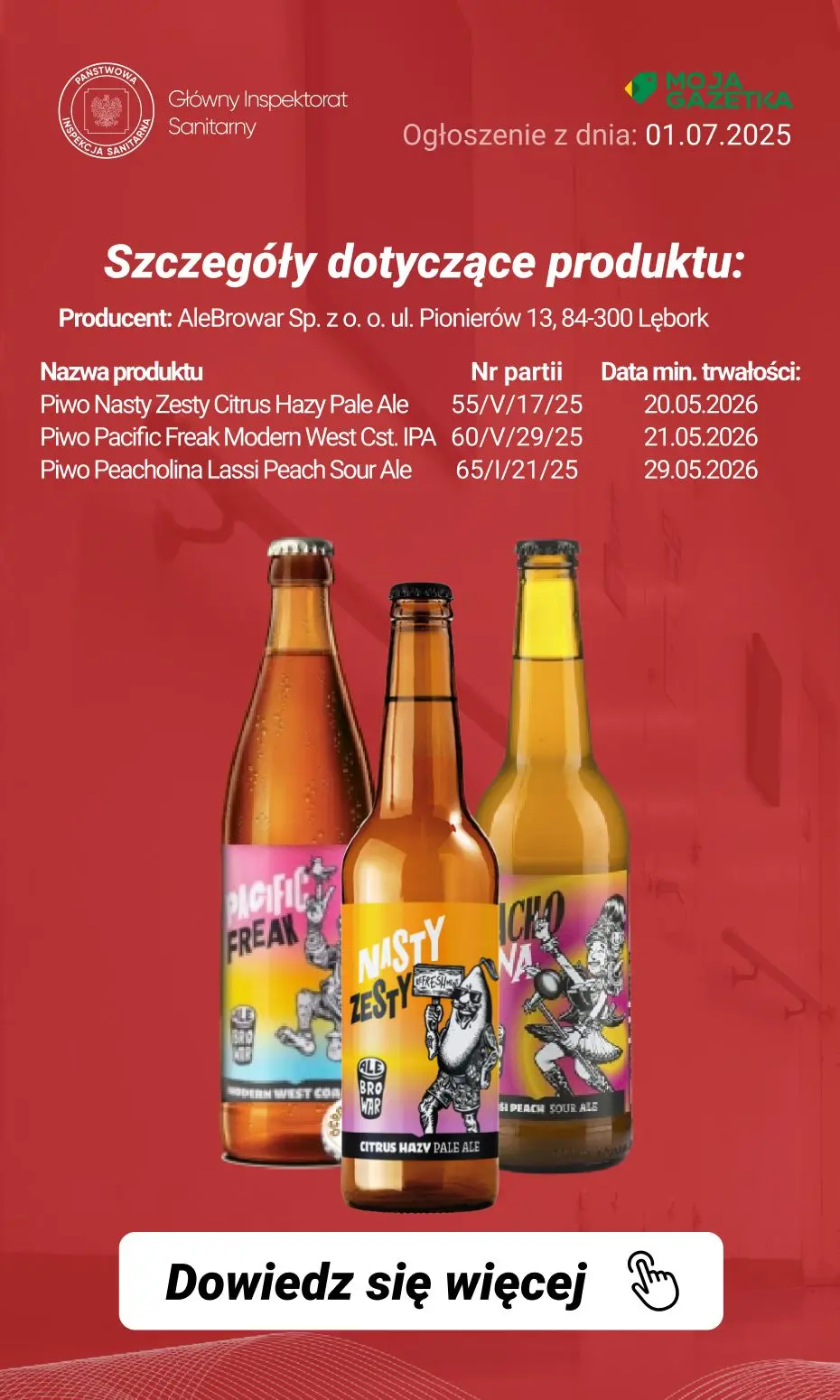 gazetka promocyjna Ostrzeżenia i alerty Ostrzeżenie publiczne dotyczące żywności: Wycofanie piwa z powodu ryzyka rozsadzenia butelki produktu - Strona 8