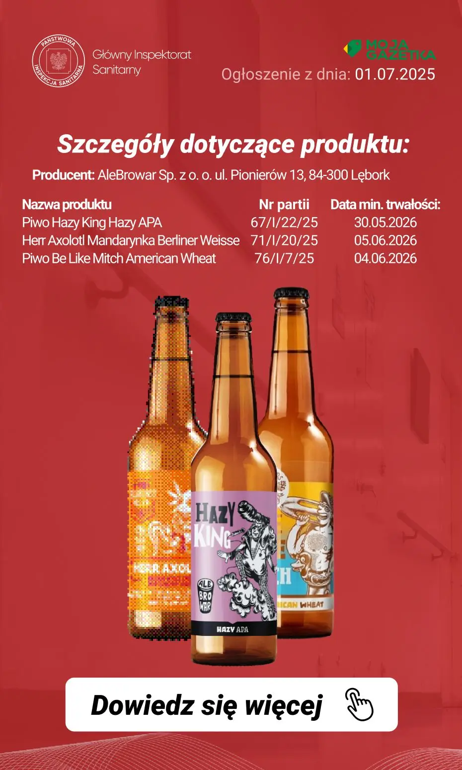 gazetka promocyjna Ostrzeżenia i alerty Ostrzeżenie publiczne dotyczące żywności: Wycofanie piwa z powodu ryzyka rozsadzenia butelki produktu - Strona 9