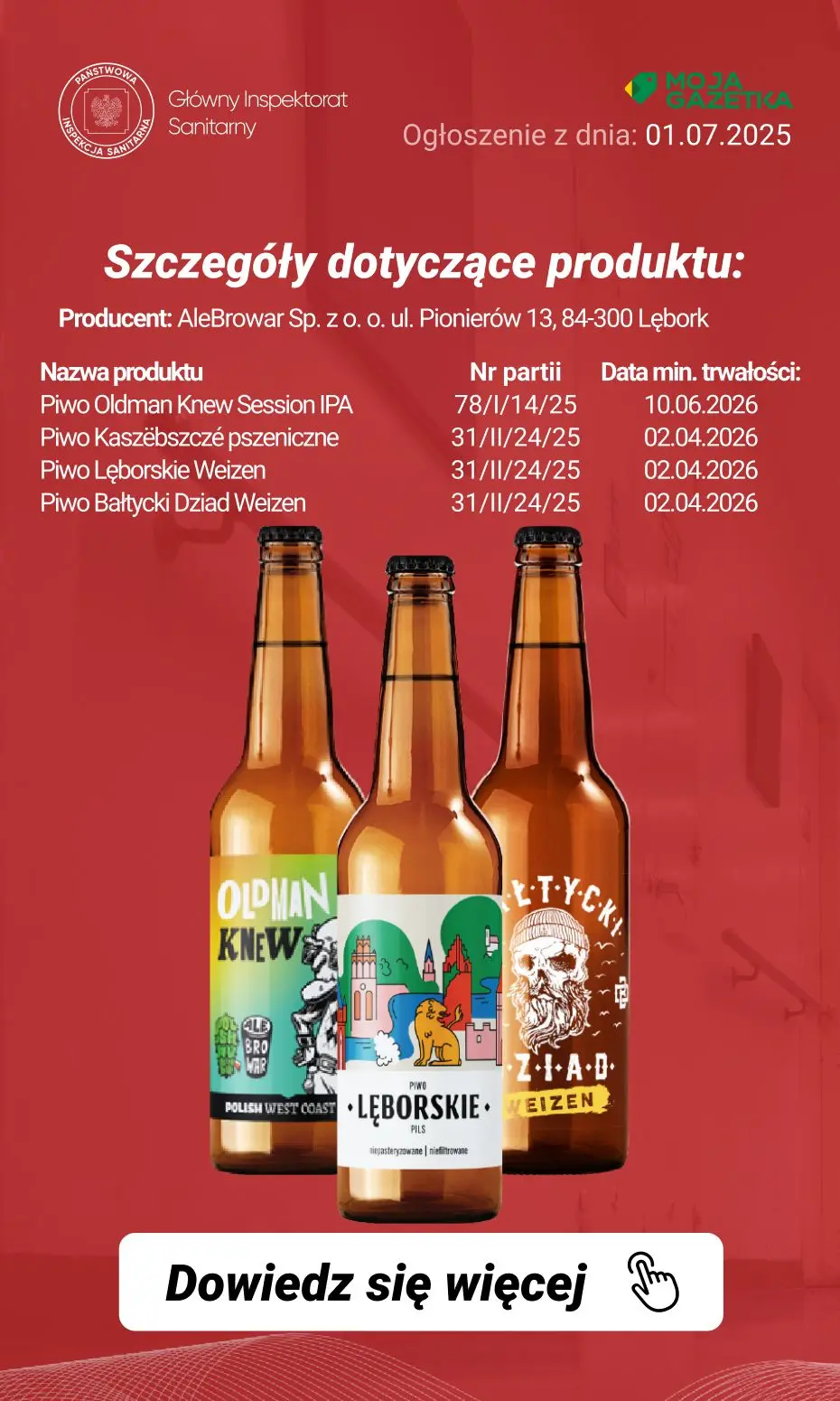 gazetka promocyjna Ostrzeżenia i alerty Ostrzeżenie publiczne dotyczące żywności: Wycofanie piwa z powodu ryzyka rozsadzenia butelki produktu - Strona 10