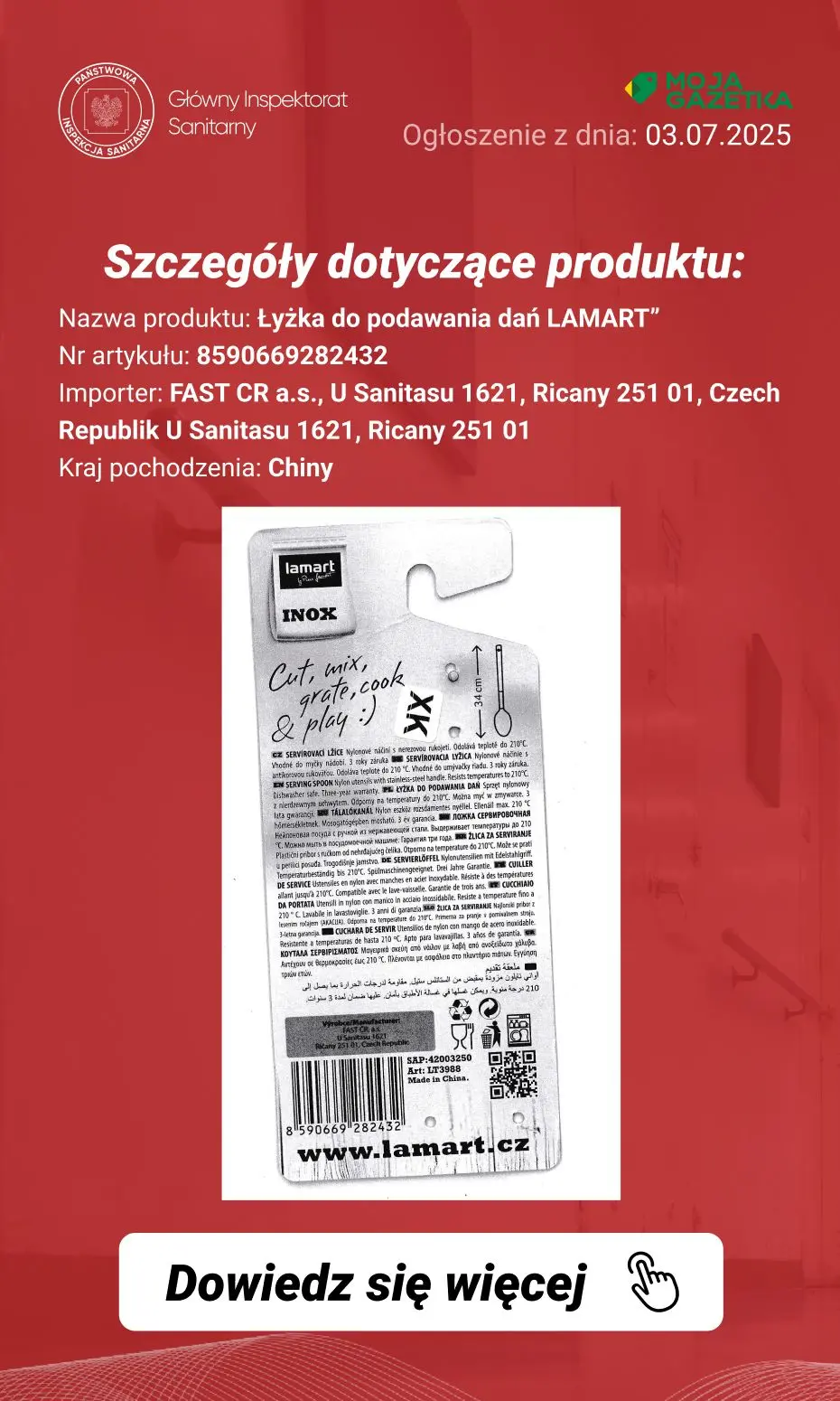 gazetka promocyjna Ostrzeżenia i alerty Ostrzeżenie publiczne dotyczące wyrobu do kontaktu z żywnością: Migracja pierwszorzędowych amin aromatycznych z łyżki do podawania dań - Strona 3