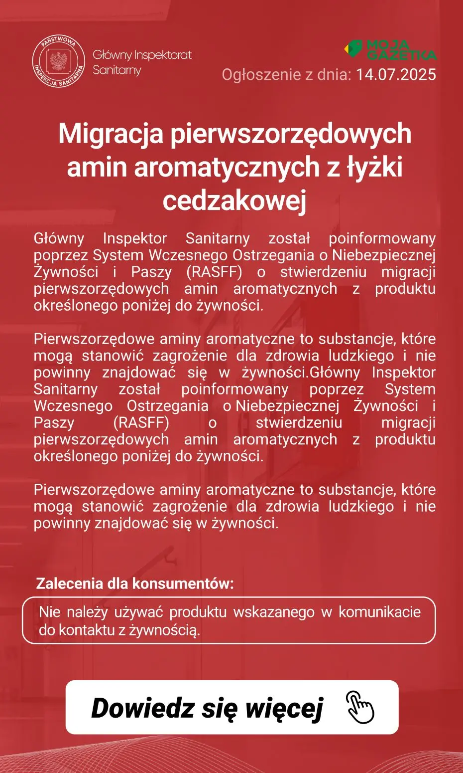 gazetka promocyjna Ostrzeżenia i alerty Ostrzeżenie publiczne dotyczące wyrobu do kontaktu z żywnością: Migracja pierwszorzędowych amin aromatycznych z łyżki cedzakowej - Strona 2