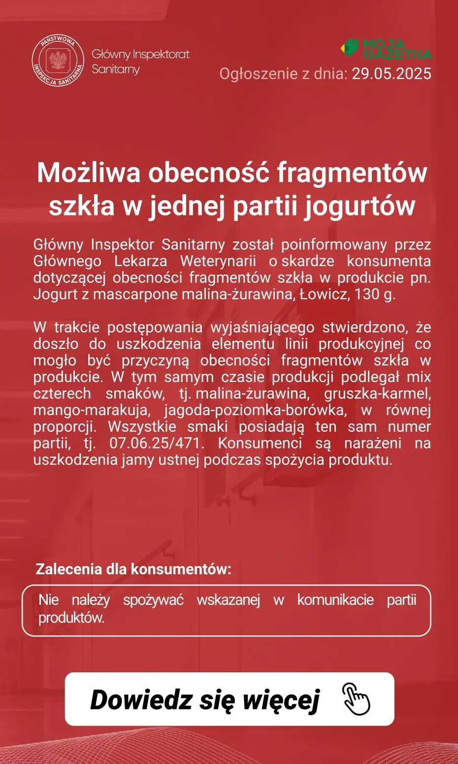 gazetka promocyjna Ostrzeżenia i alerty Ostrzeżenie publiczne dotyczące żywności: Możliwa obecność fragmentów szkła w jednej partii jogurtów - Strona 2