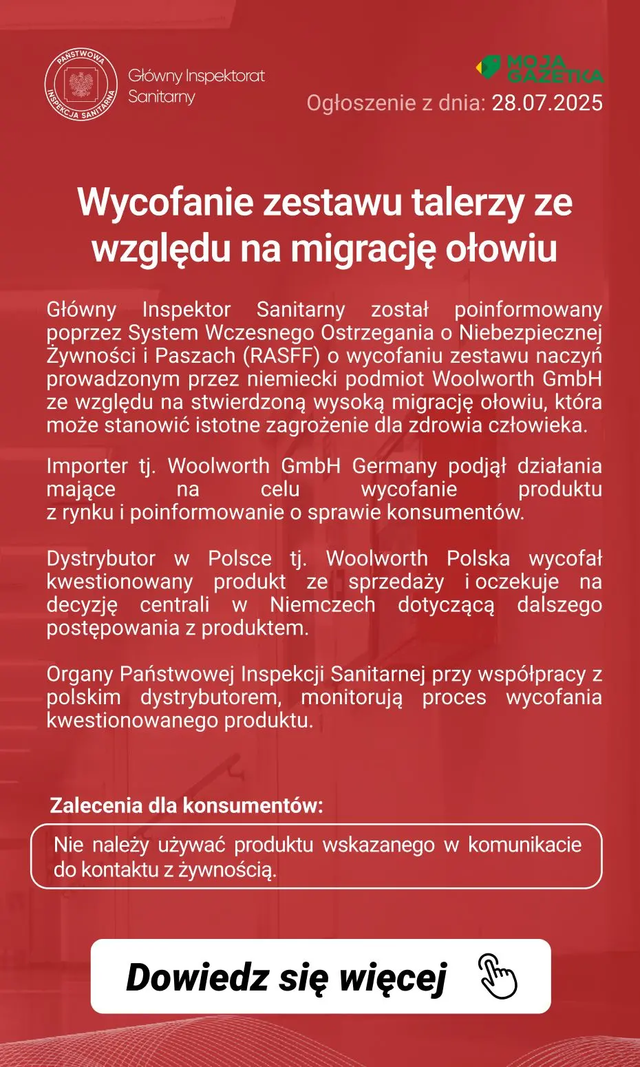 gazetka promocyjna Ostrzeżenia i alerty Ostrzeżenie publiczne dotyczące wyrobu do kontaktu z żywnością: Wycofanie zestawu talerzy ze względu na migrację ołowiu - Strona 2