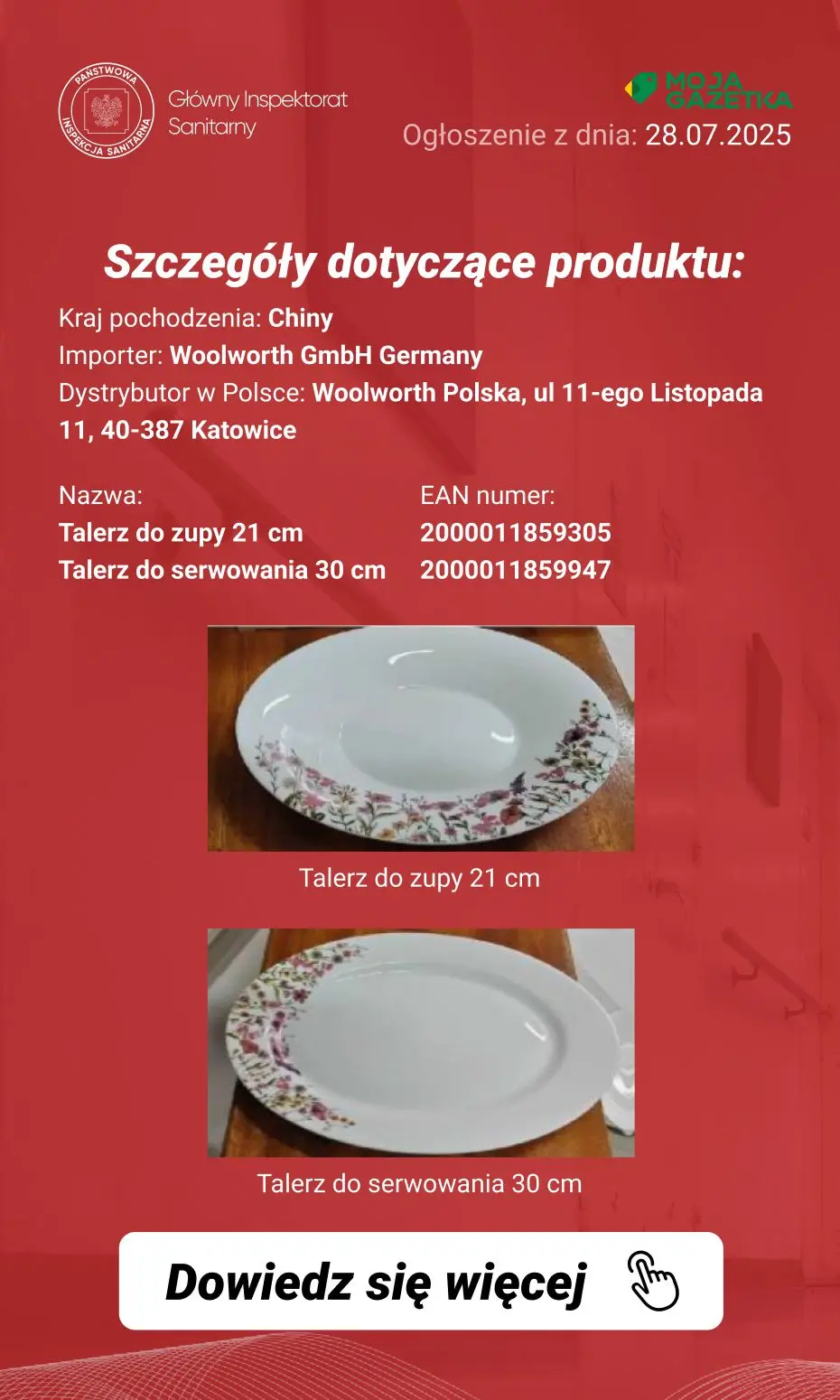 gazetka promocyjna Ostrzeżenia i alerty Ostrzeżenie publiczne dotyczące wyrobu do kontaktu z żywnością: Wycofanie zestawu talerzy ze względu na migrację ołowiu - Strona 3