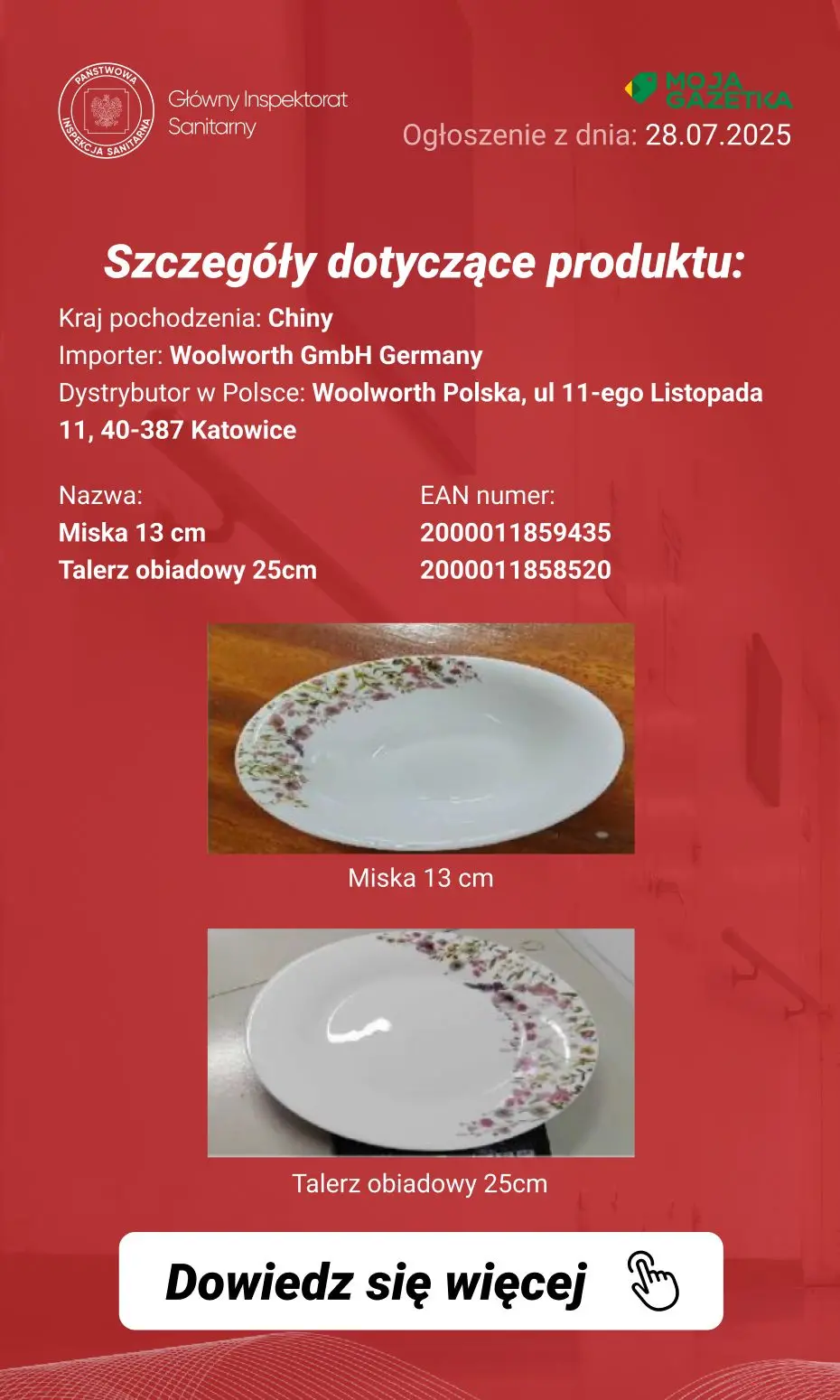 gazetka promocyjna Ostrzeżenia i alerty Ostrzeżenie publiczne dotyczące wyrobu do kontaktu z żywnością: Wycofanie zestawu talerzy ze względu na migrację ołowiu - Strona 5