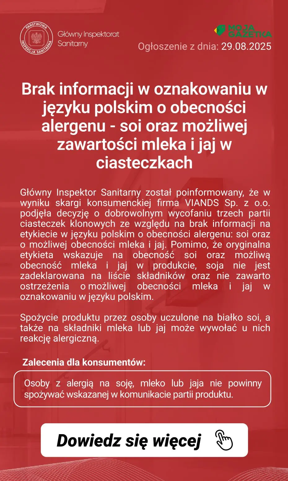 gazetka promocyjna Ostrzeżenia i alerty Ostrzeżenie publiczne dotyczące żywności: Brak informacji w oznakowaniu w języku polskim o obecności alergenu - soi oraz możliwej zawartości mleka i jaj w ciasteczkach - Strona 2