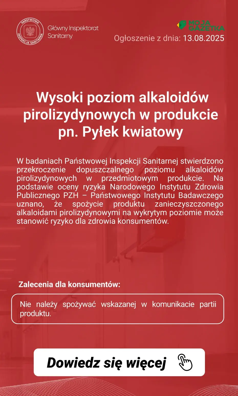 gazetka promocyjna Ostrzeżenia i alerty Ostrzeżenie publiczne dotyczące żywności: Wysoki poziom alkaloidów pirolizydynowych w produkcie pn. Pyłek kwiatowy - Strona 2