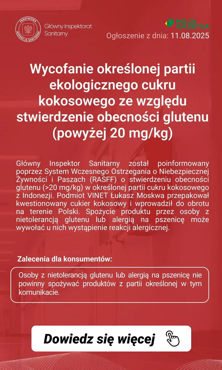 gazetka promocyjna Ostrzeżenia i alerty Ostrzeżenie publiczne dotyczące żywności: Wycofanie określonej partii ekologicznego cukru kokosowego ze względu stwierdzenie obecności glutenu (powyżej 20 mg/kg) - Strona 2