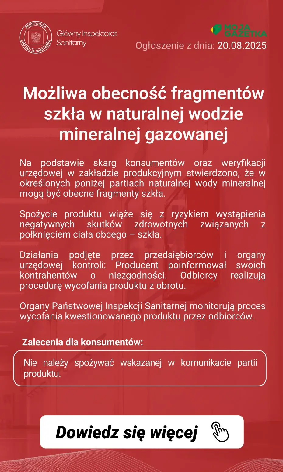 gazetka promocyjna Ostrzeżenia i alerty Ostrzeżenie publiczne dotyczące żywności: Możliwa obecność fragmentów szkła w naturalnej wodzie mineralnej gazowanej - Strona 2